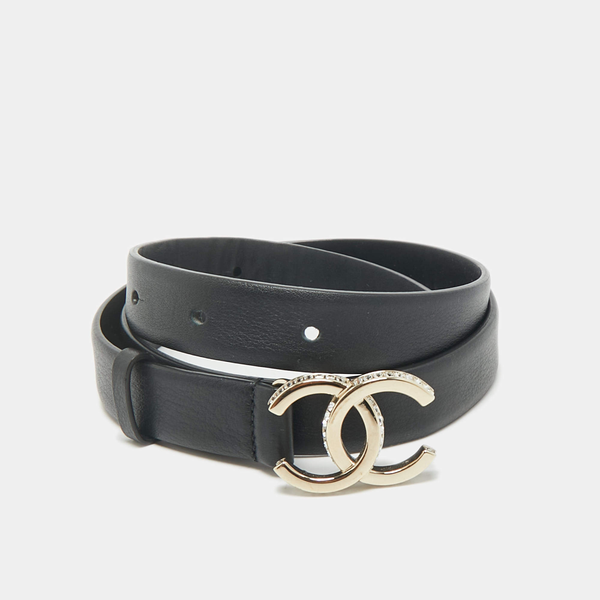 Chanel Black Leather CC Crystals Buckle Slim Belt 75CM