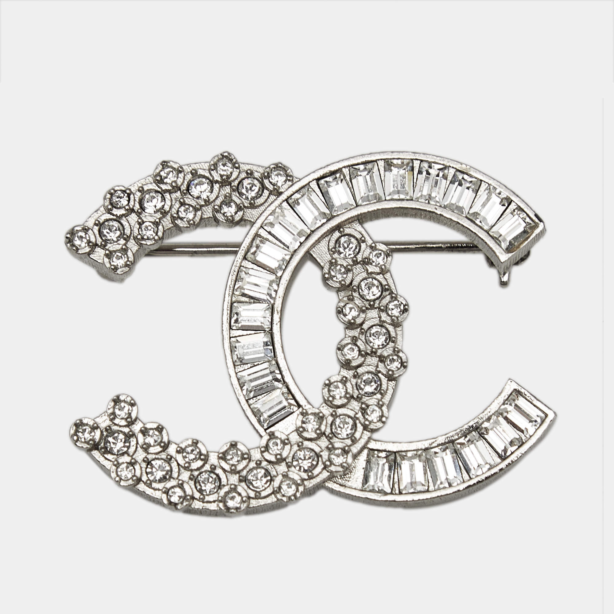 Chanel CC Crystal Embellished Silver Tone Pin Brooch