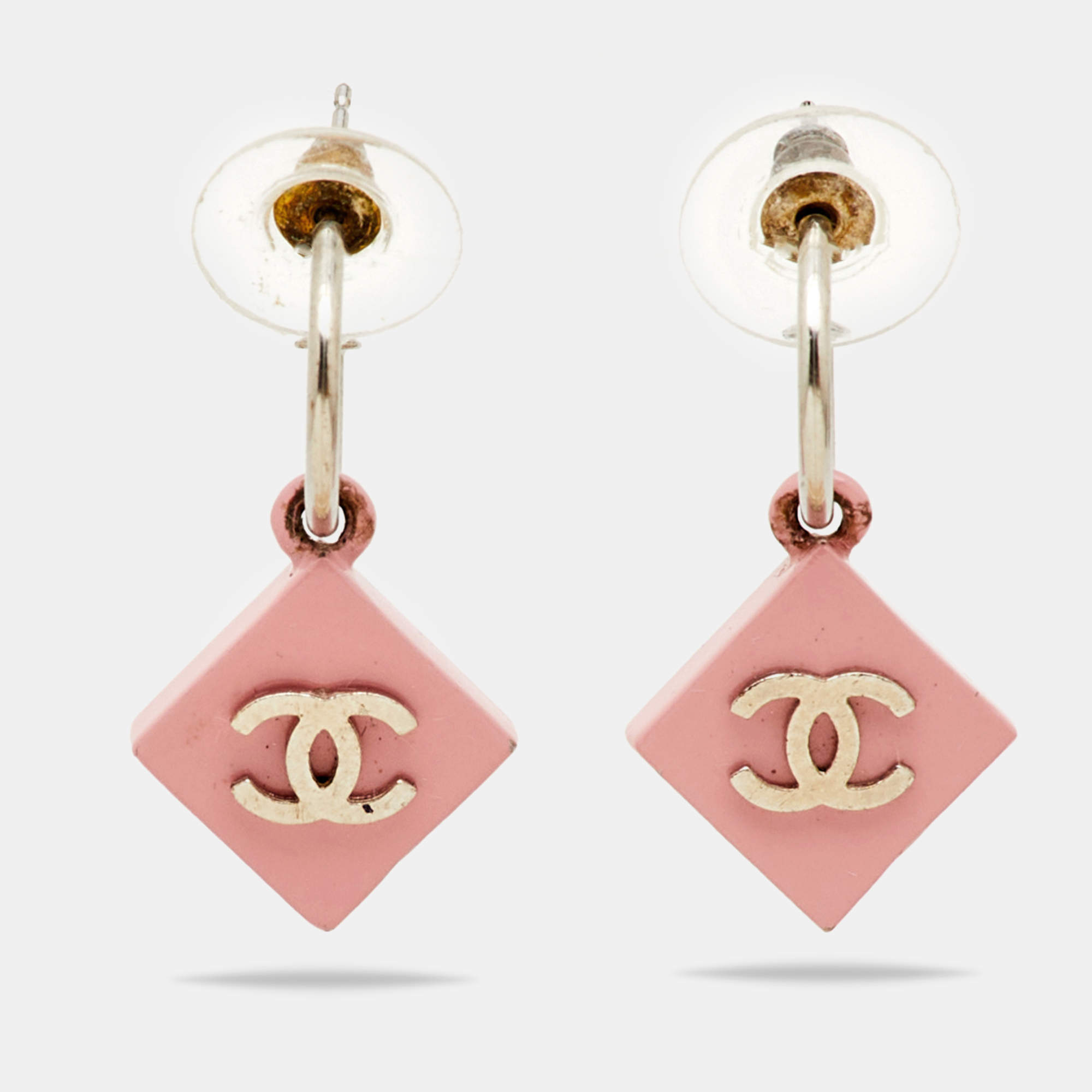 Pre Owned Chanel  CC Pink Enamel Silver Tone Earrings