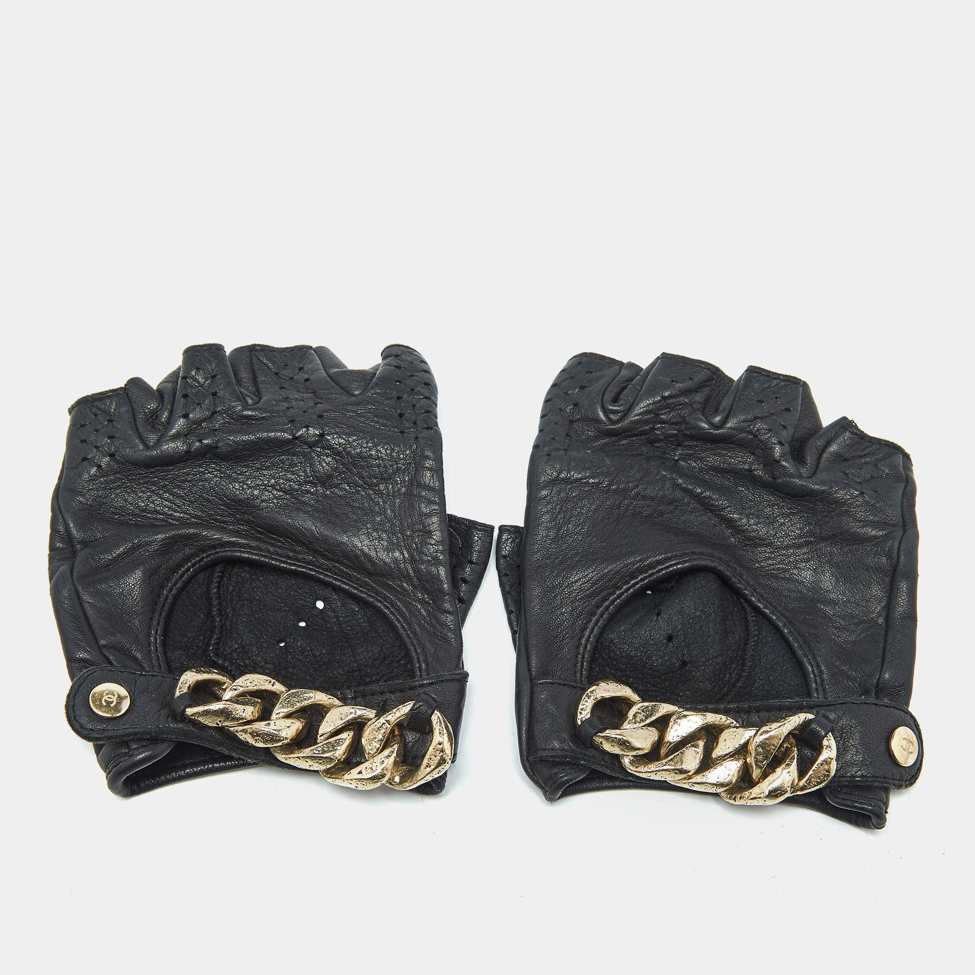 Pre Owned Chanel Black Perforated Leather Chain Link Fingerless Gloves
