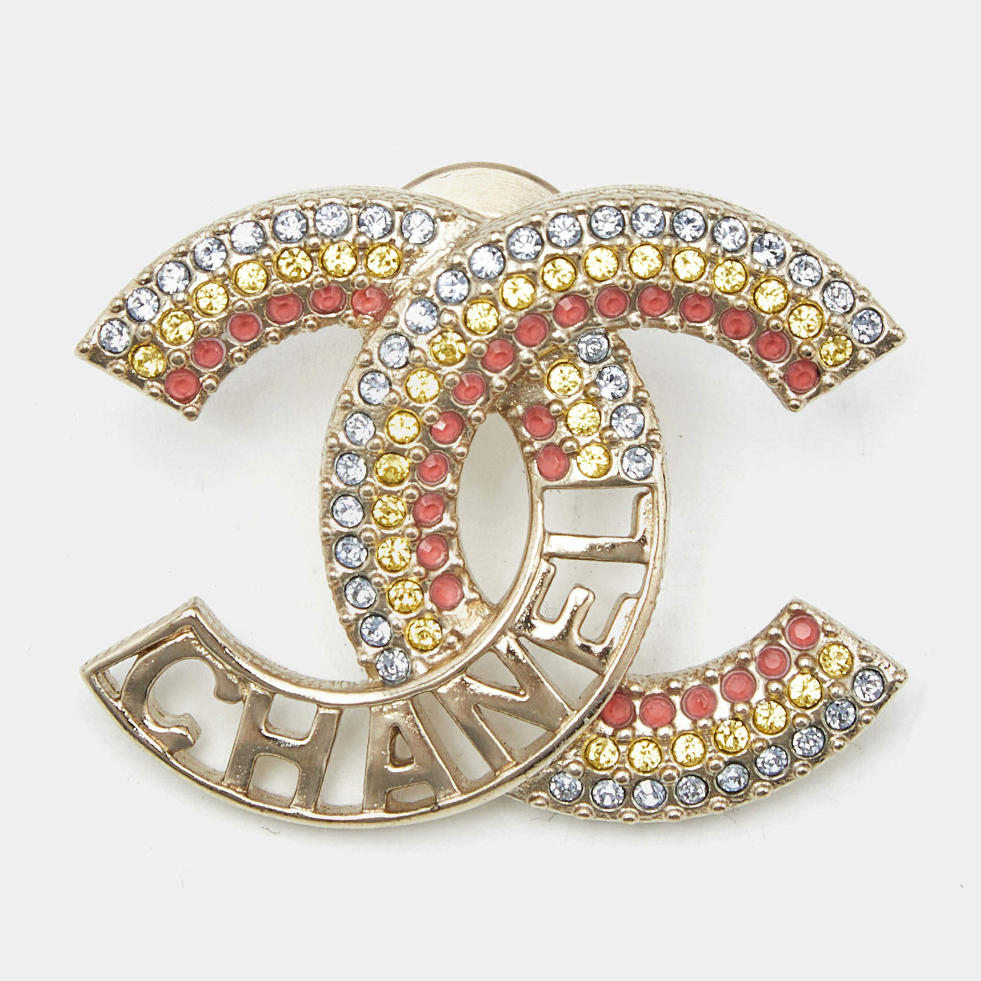 Pre Owned Chanel CC Crystals Gold Tone Pin Brooch