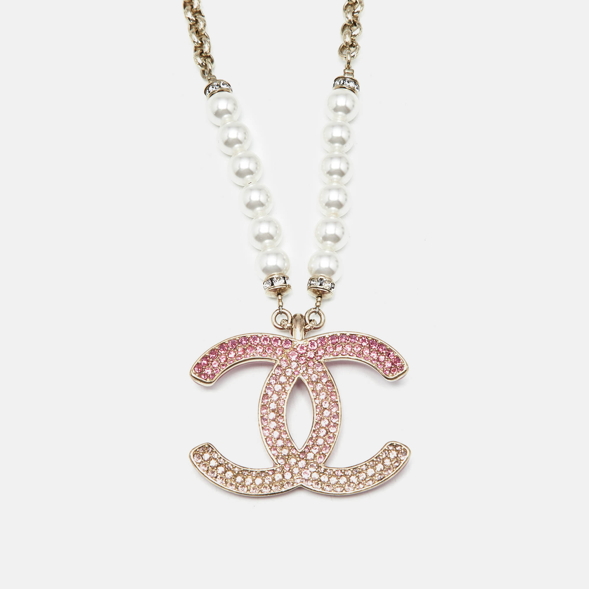 Pre Owned Chanel CC Crystal Logo Faux Pearl Gold Tone Necklace
