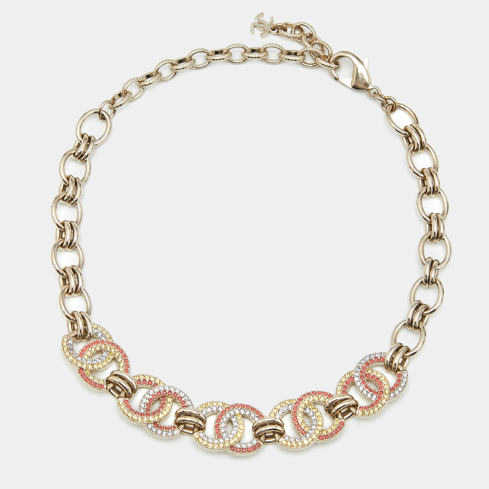 Pre Owned Chanel CC Multicolor Crystal Gold Tone Necklace