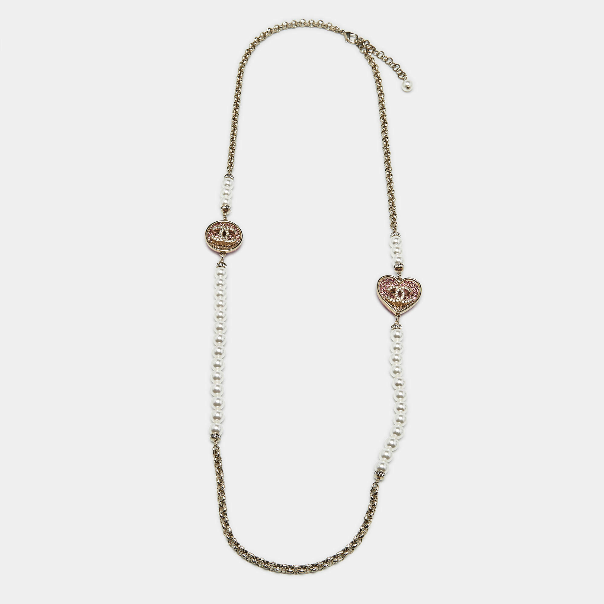 Pre Owned Chanel CC Enamel Crystal Embellished Faux Pearl Gold Tone Long Necklace
