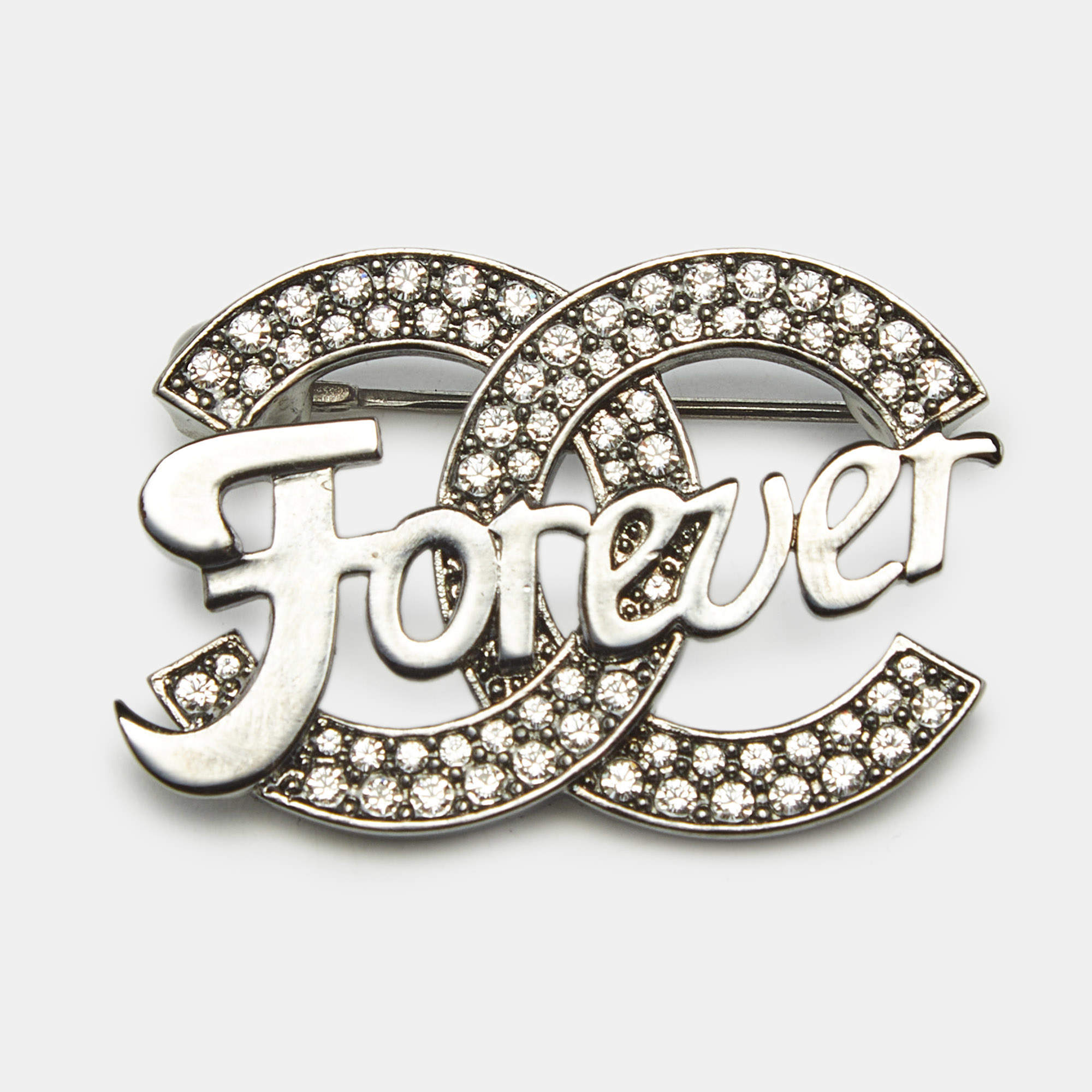 Pre Owned Chanel CC 'Forever' Crystals Gunmetal Tone Pin Brooch