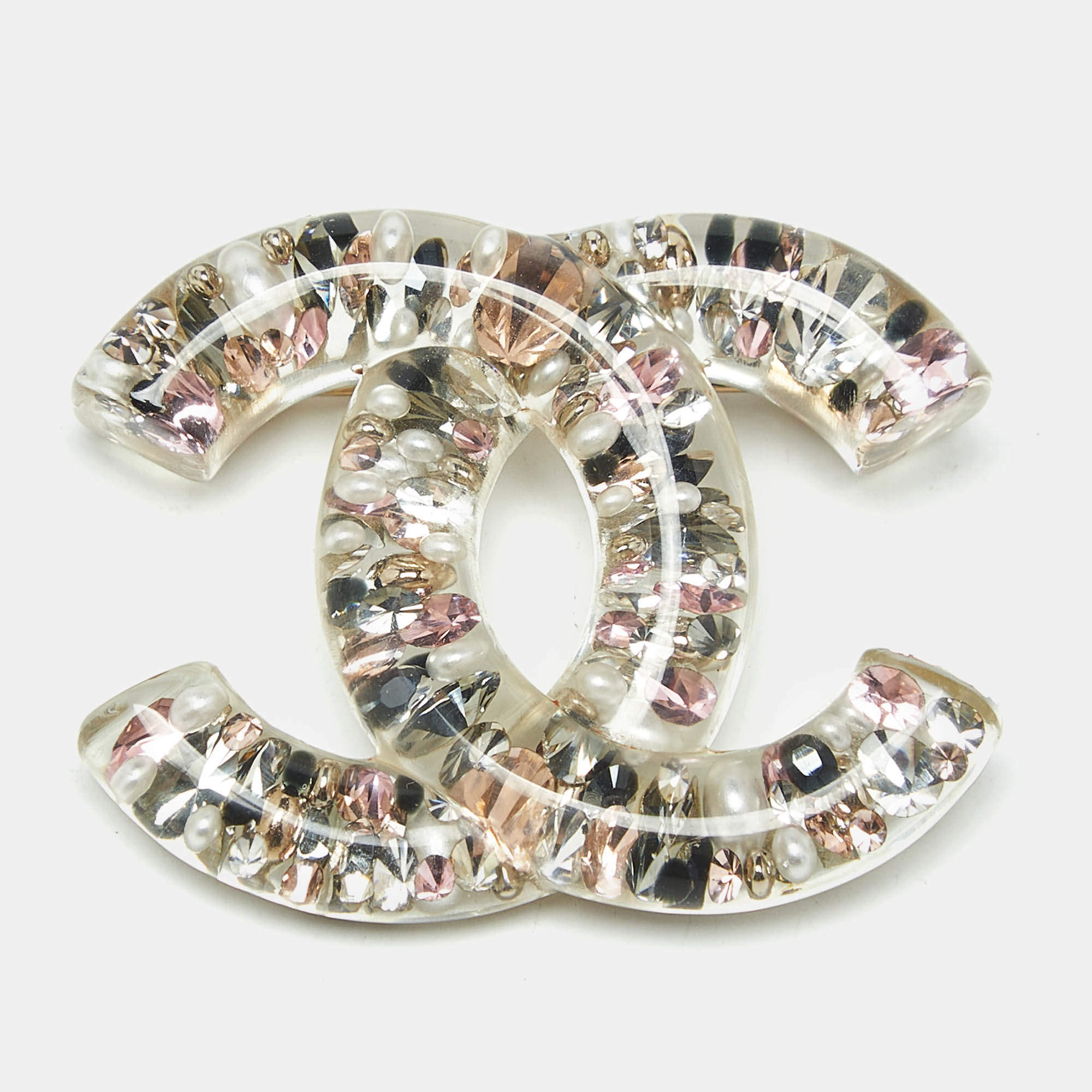 Pre Owned Chanel CC Resin Faux Pearl Crystals Gold Tone Brooch
