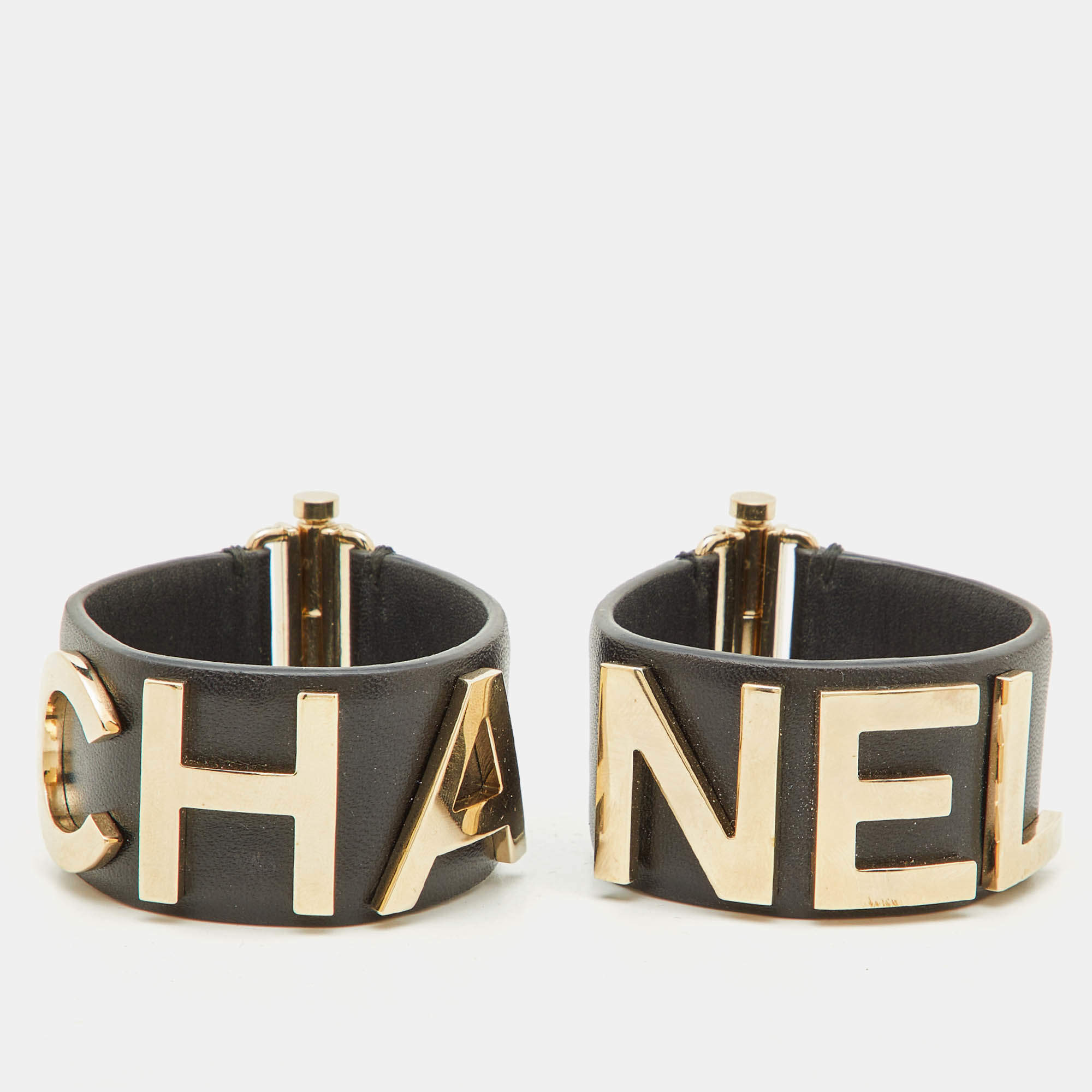 Pre Owned Chanel Logo Black Leather Gold Tone Set of 2 Bracelets