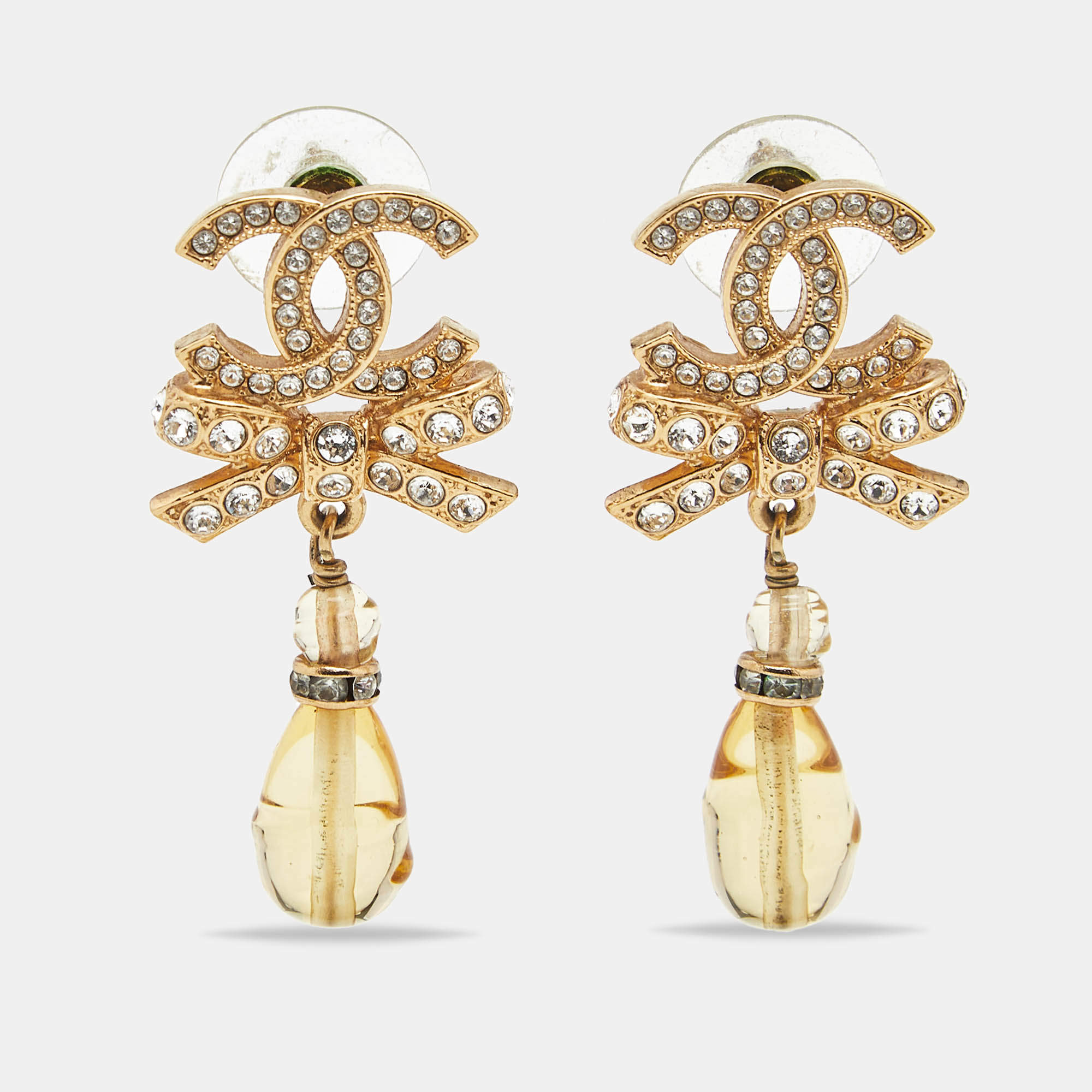 Pre Owned Chanel CC Bow Crystals Beads Gold Tone Earrings