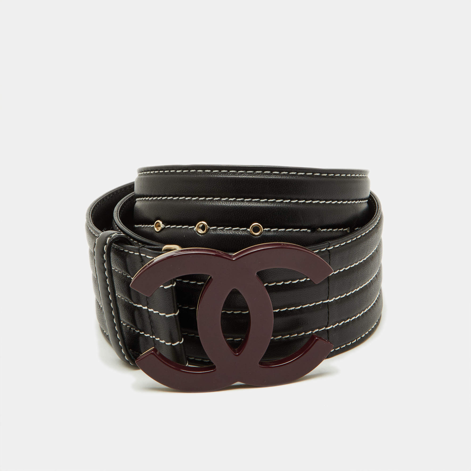 Pre Owned Chanel Black Leather CC Wide Buckle Waist Belt 90CM