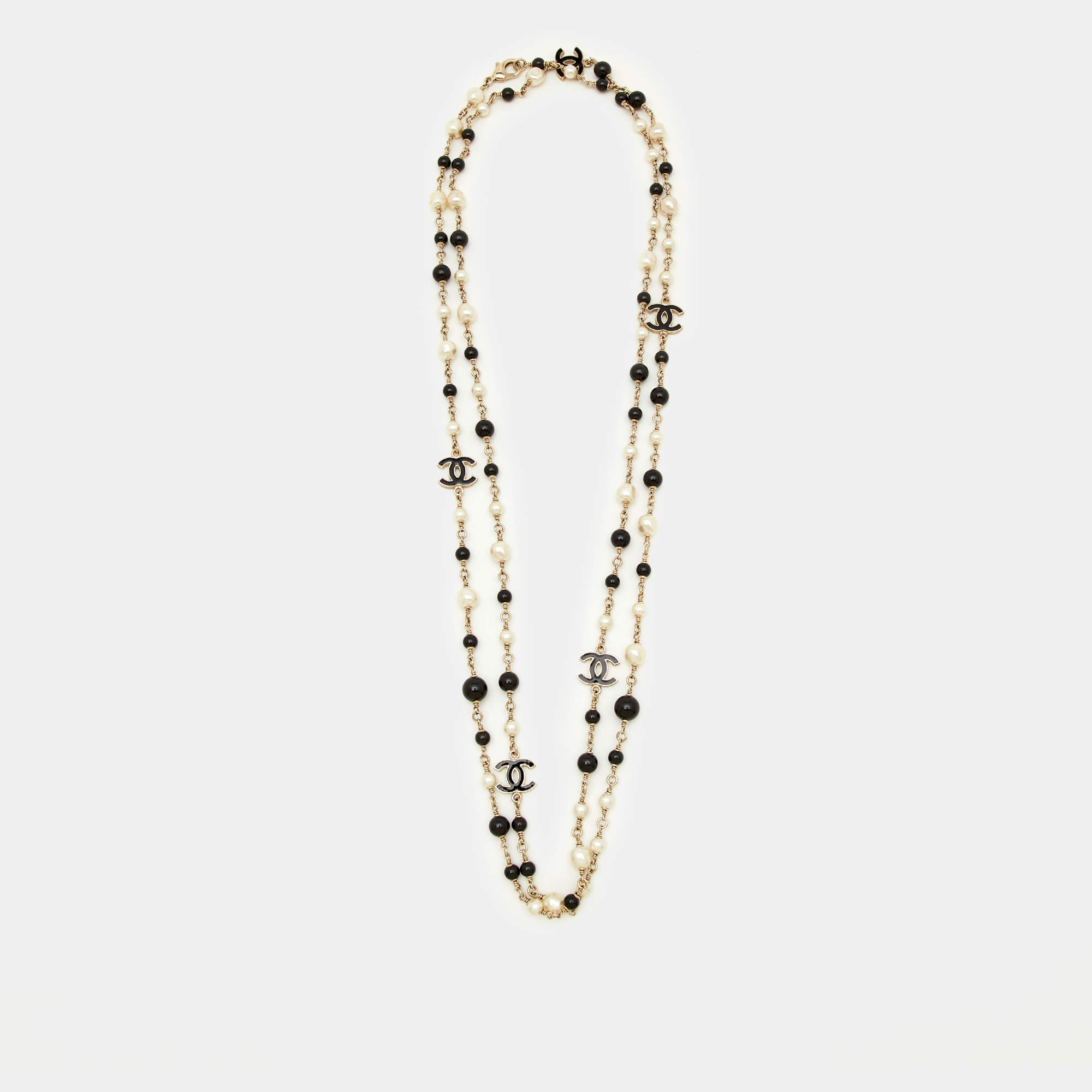 Pre Owned Chanel CC Faux Pearl Black Beads Long Station Necklace