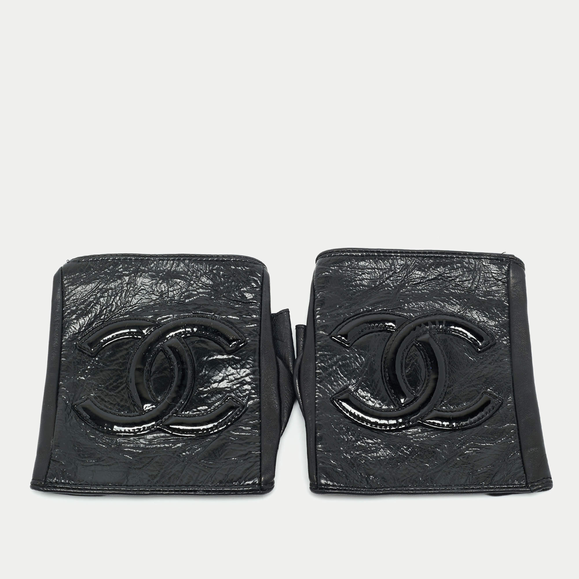 Pre Owned Chanel Black Logo Detail Leather Fingerless Gloves Size 7.5