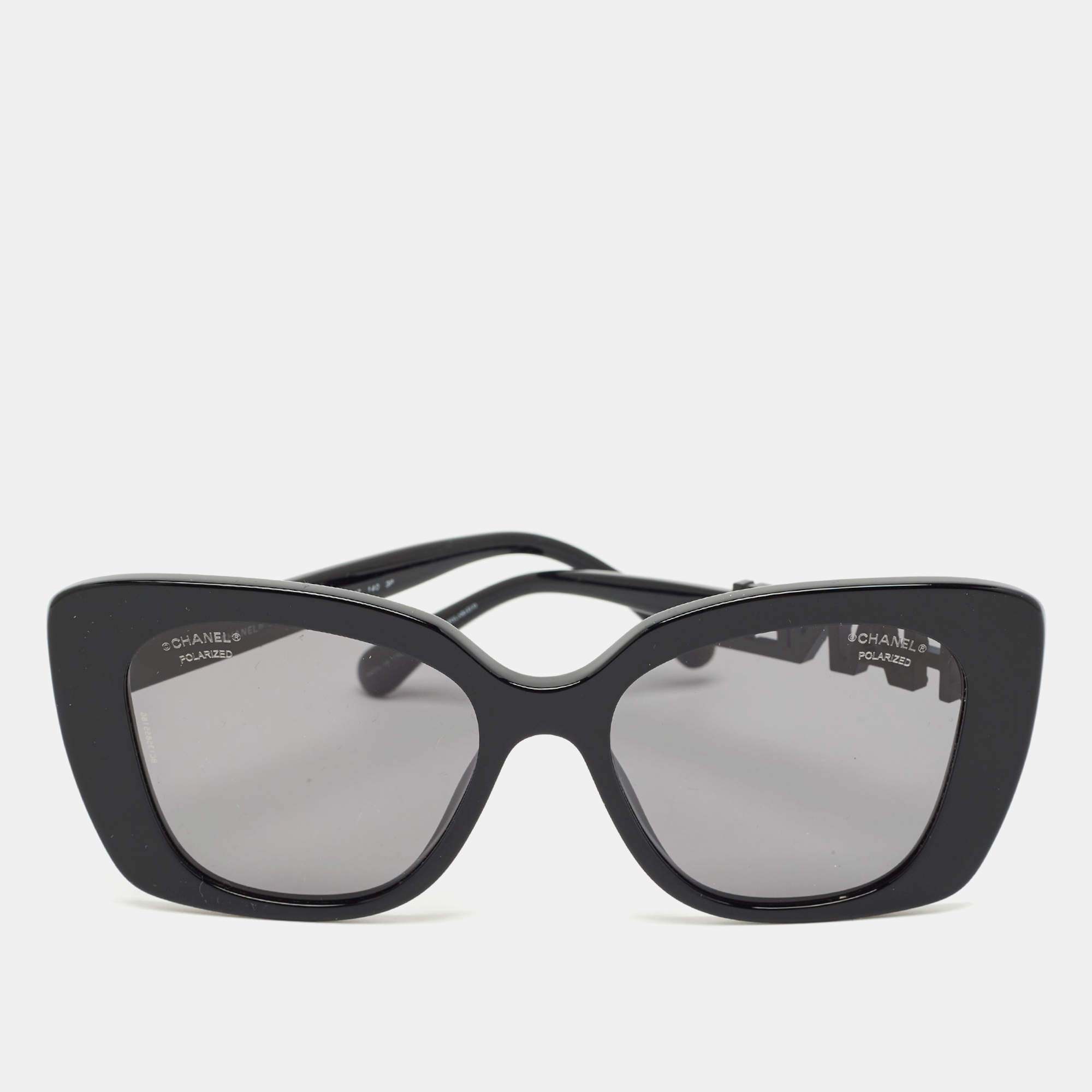 Pre Owned Chanel Black Polarized  5422B Logo Crystals Cat Eye Sunglasses