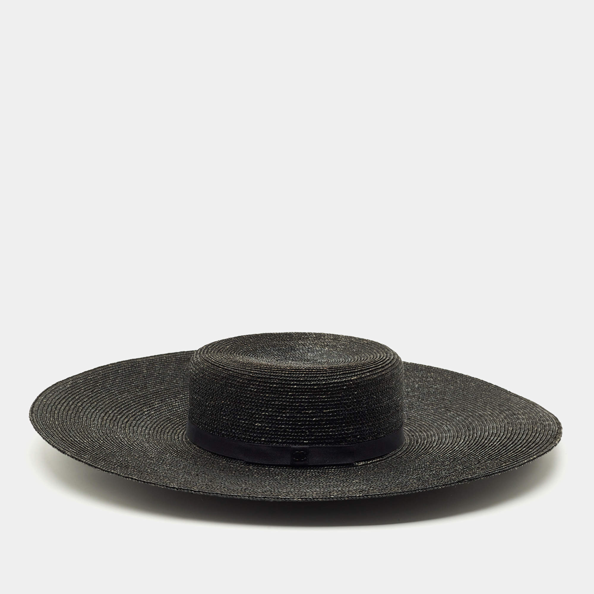 Pre Owned Chanel Black CC Straw Wide Sun Hat M