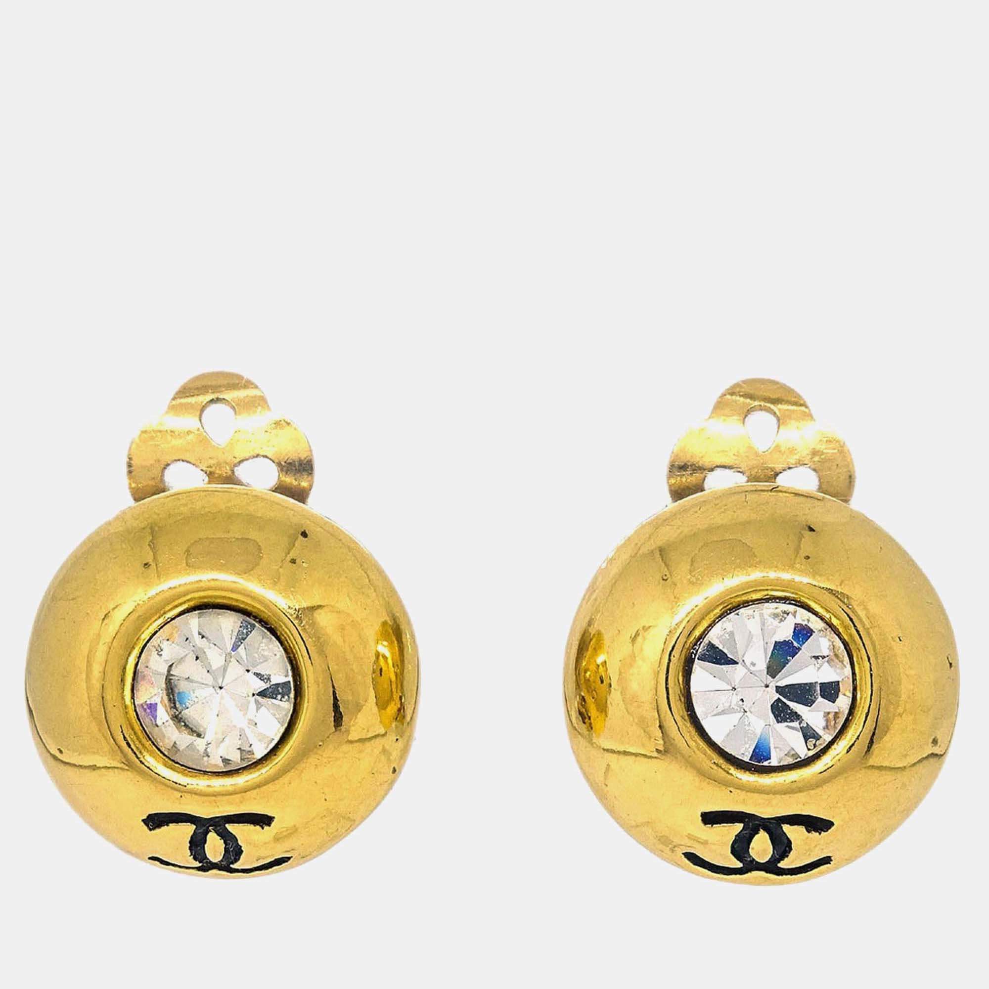 Pre Owned Chanel  Clip-On Rhinestone Gold Button Earrings