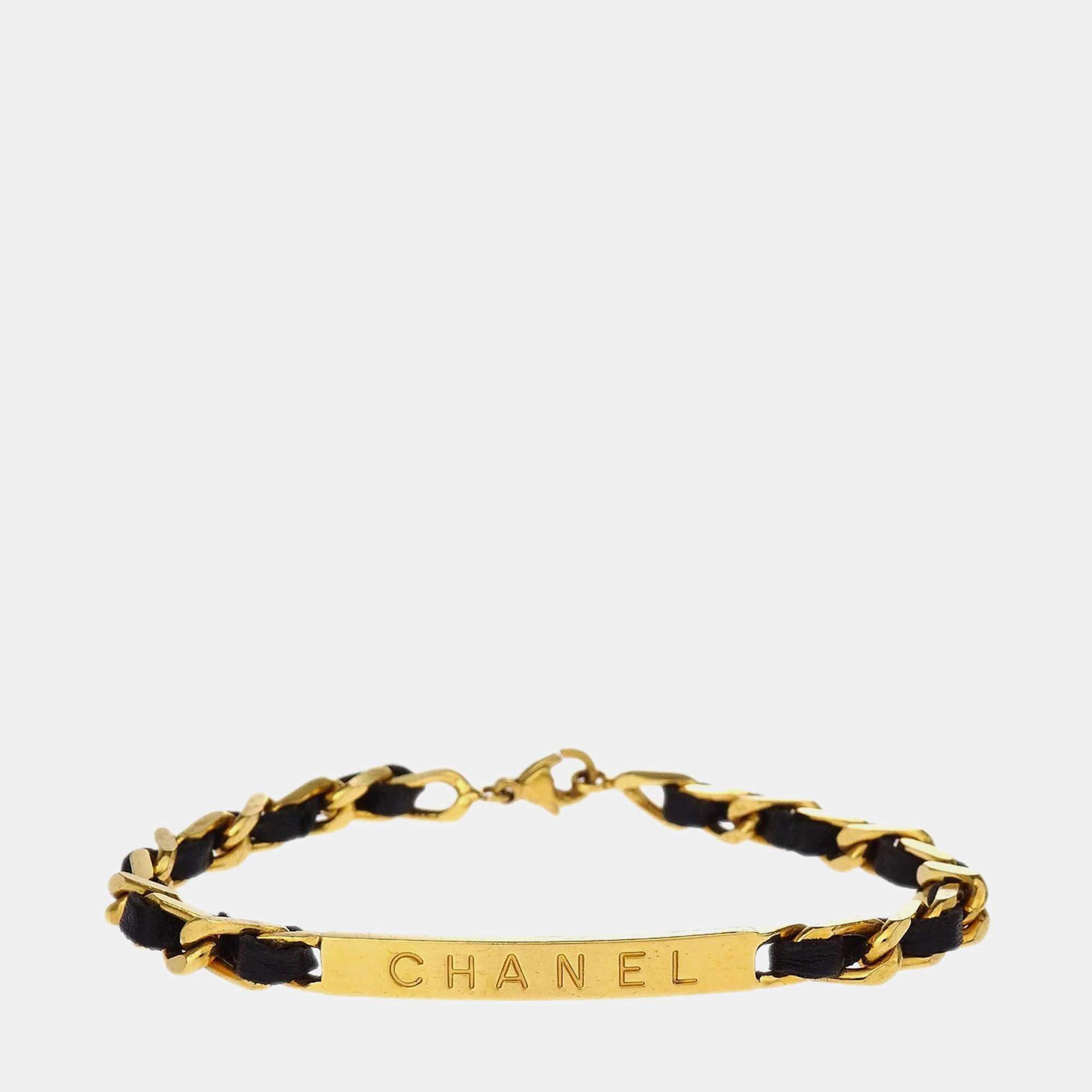 Pre Owned Chanel Gold Plated Metal Black Bracelet 