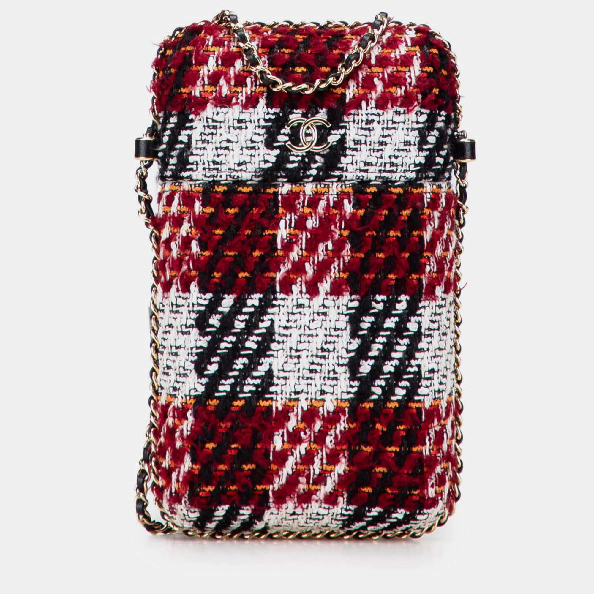 Pre Owned Chanel Red Tweed Chain Around Phone Holder