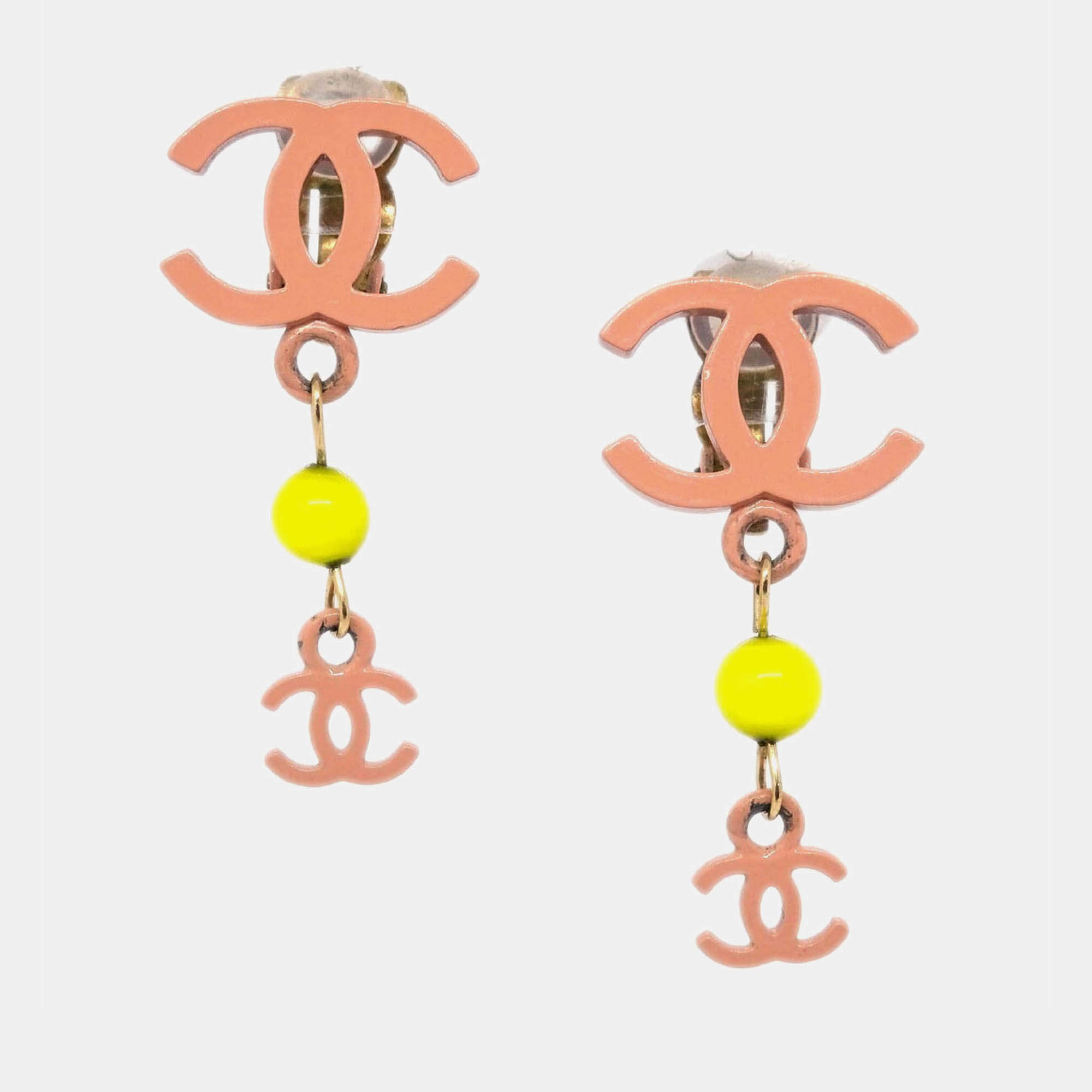 Pre Owned Chanel CC Dangle Earrings Pink Clip-On