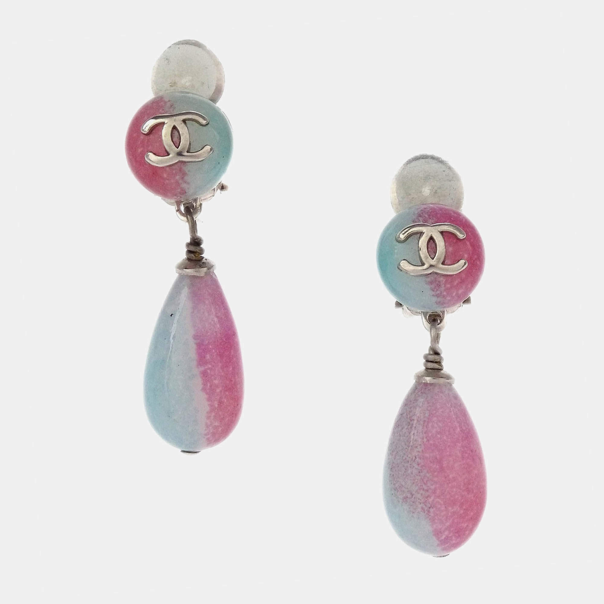 Pre Owned Chanel Dangle Earrings Clip-On Light Blue