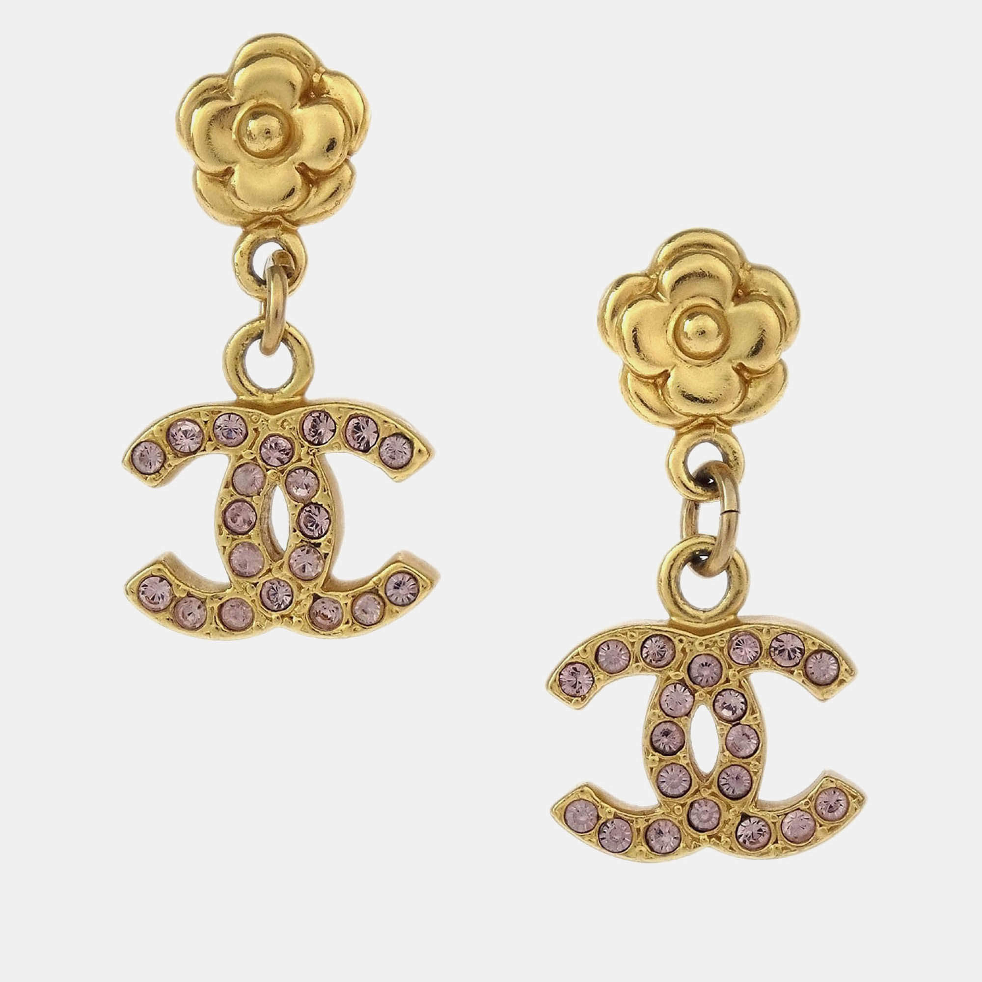 Pre Owned Chanel Dangle CC Piercing Earrings Gold Rhinestone