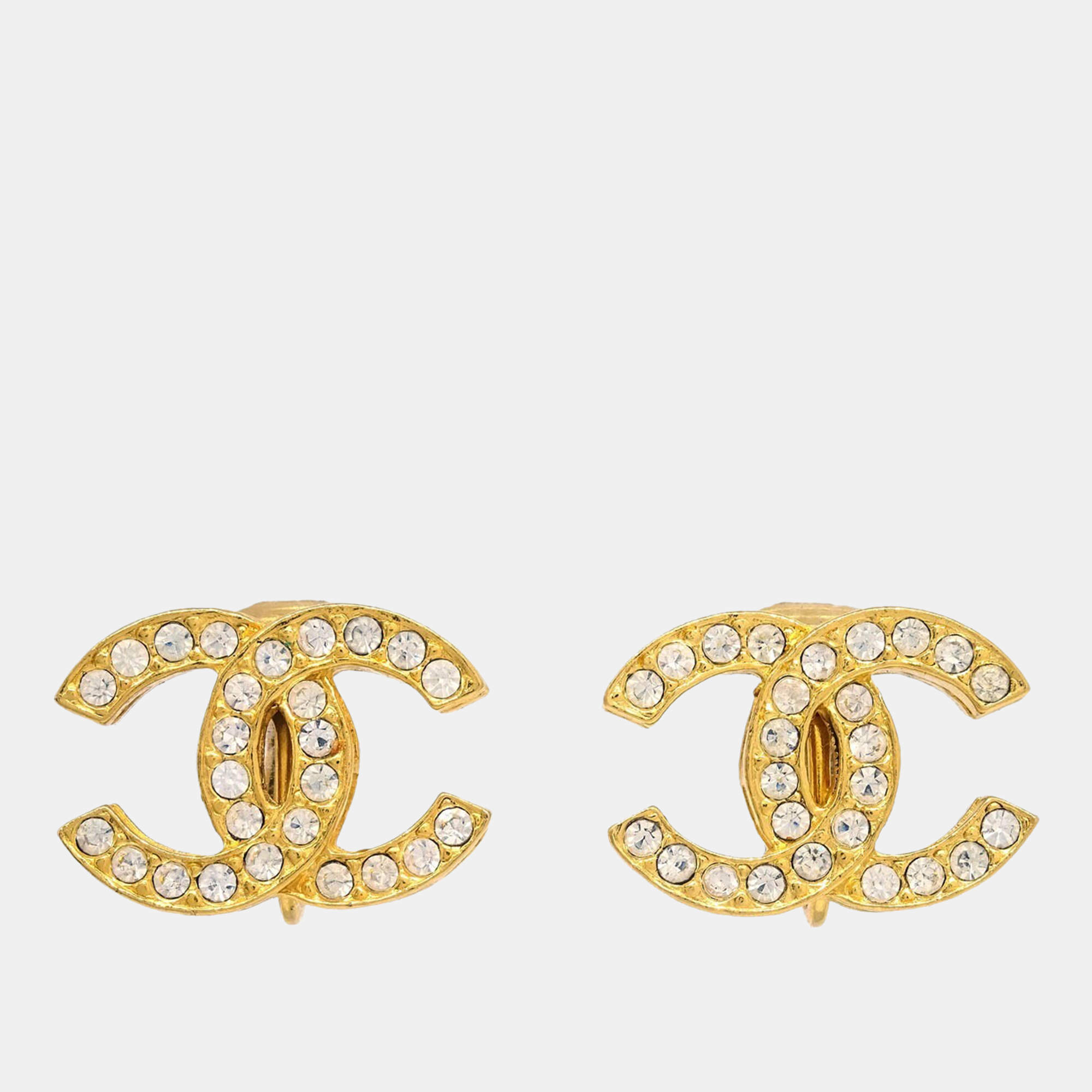 Pre Owned Chanel Gold CC Earrings Clip-On Rhinestone