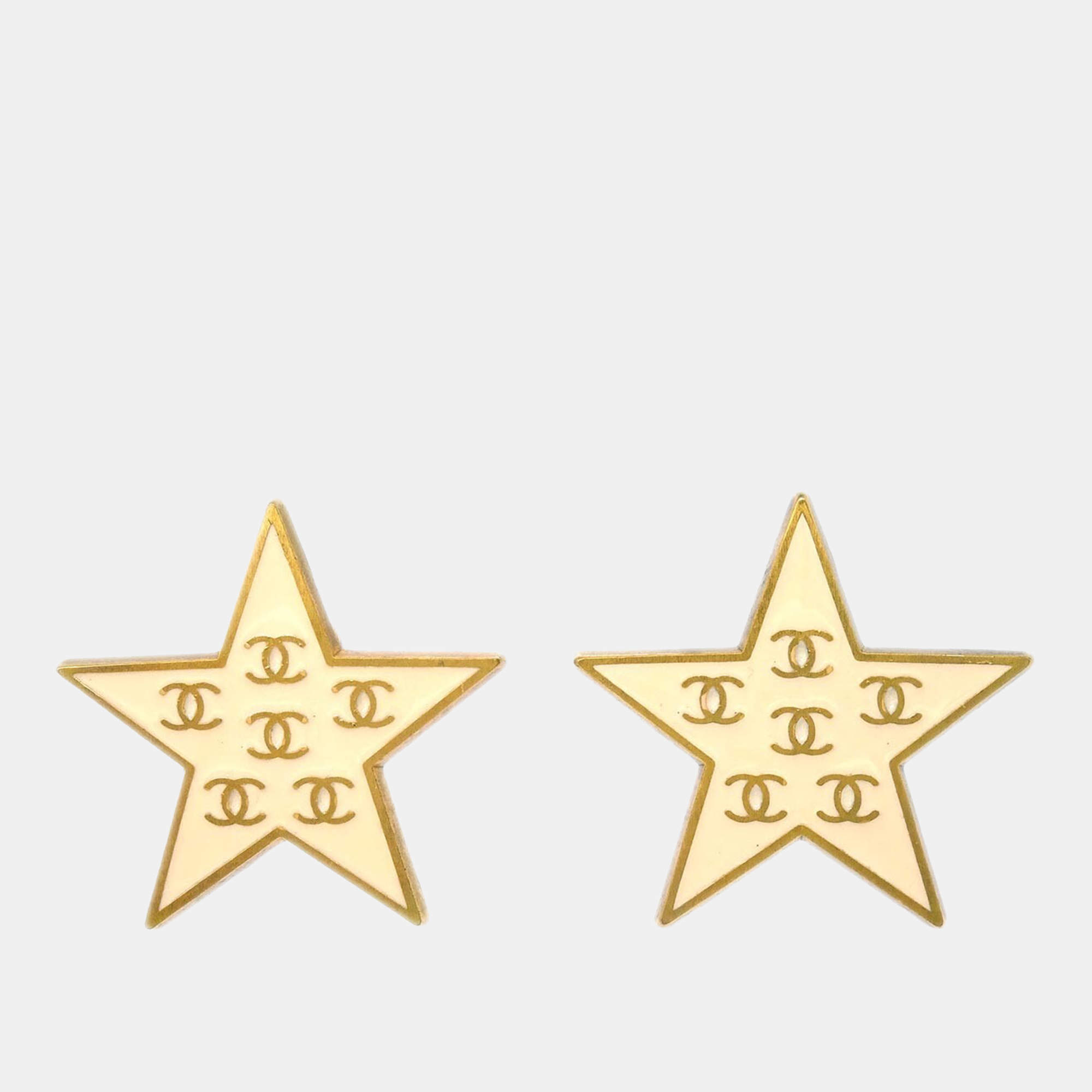 Pre Owned Chanel Star Earrings Clip-On White