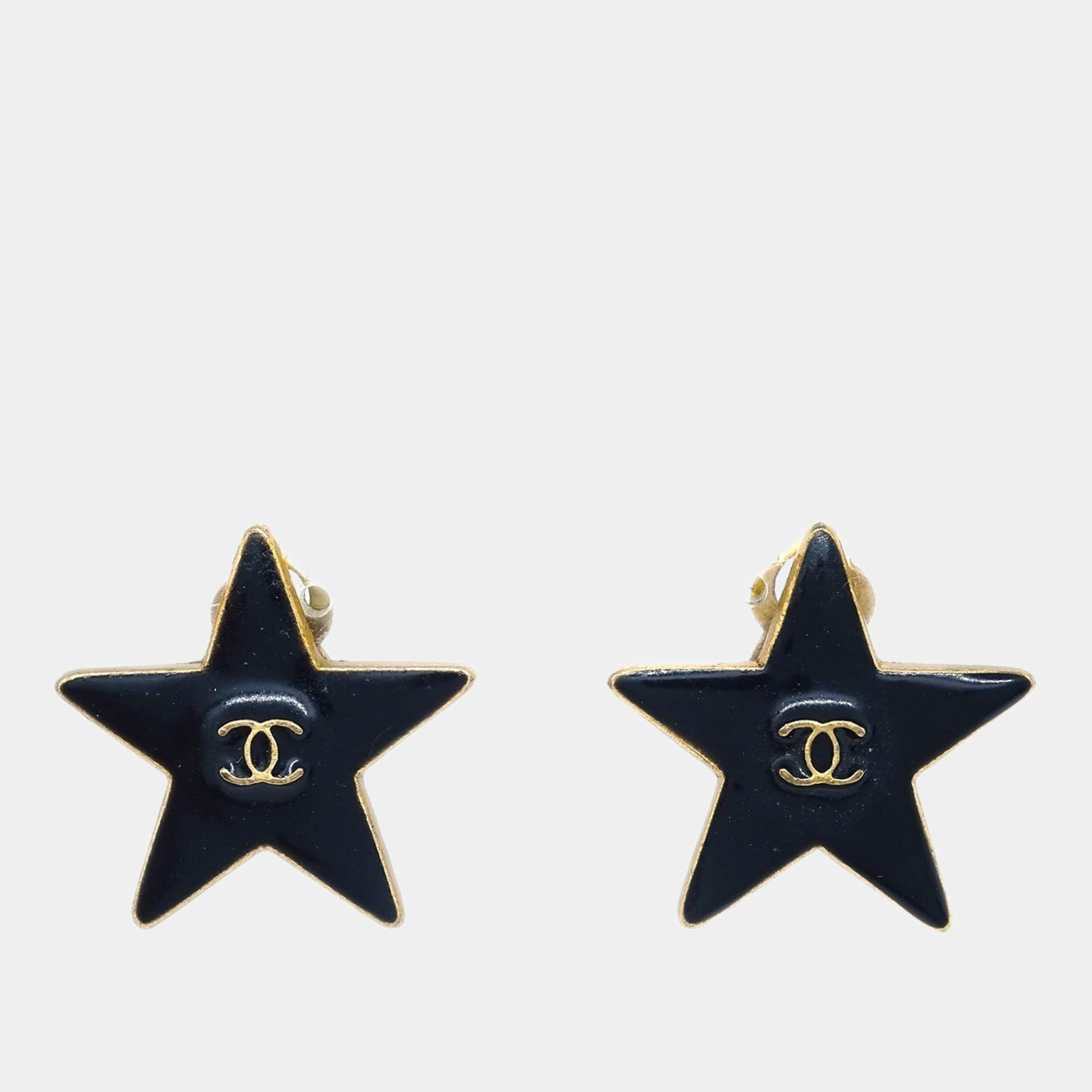 Pre Owned Chanel Star Earrings Clip-On Black