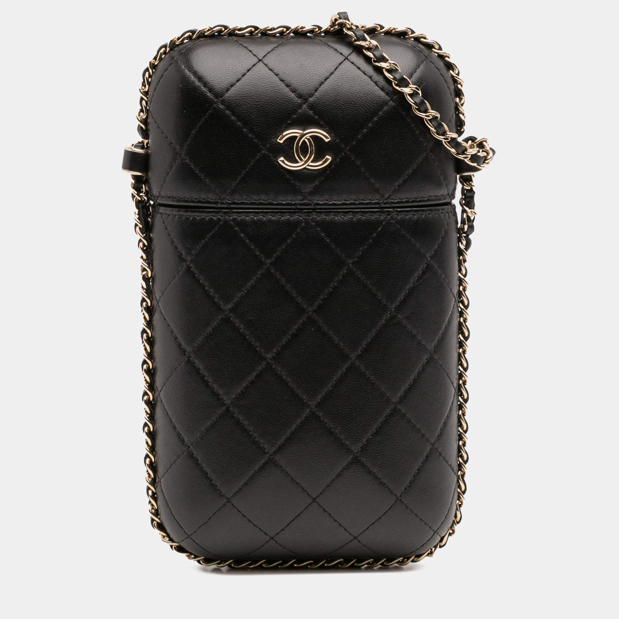 Pre Owned Chanel Black CC Quilted Lambskin Chain Around Phone Holder