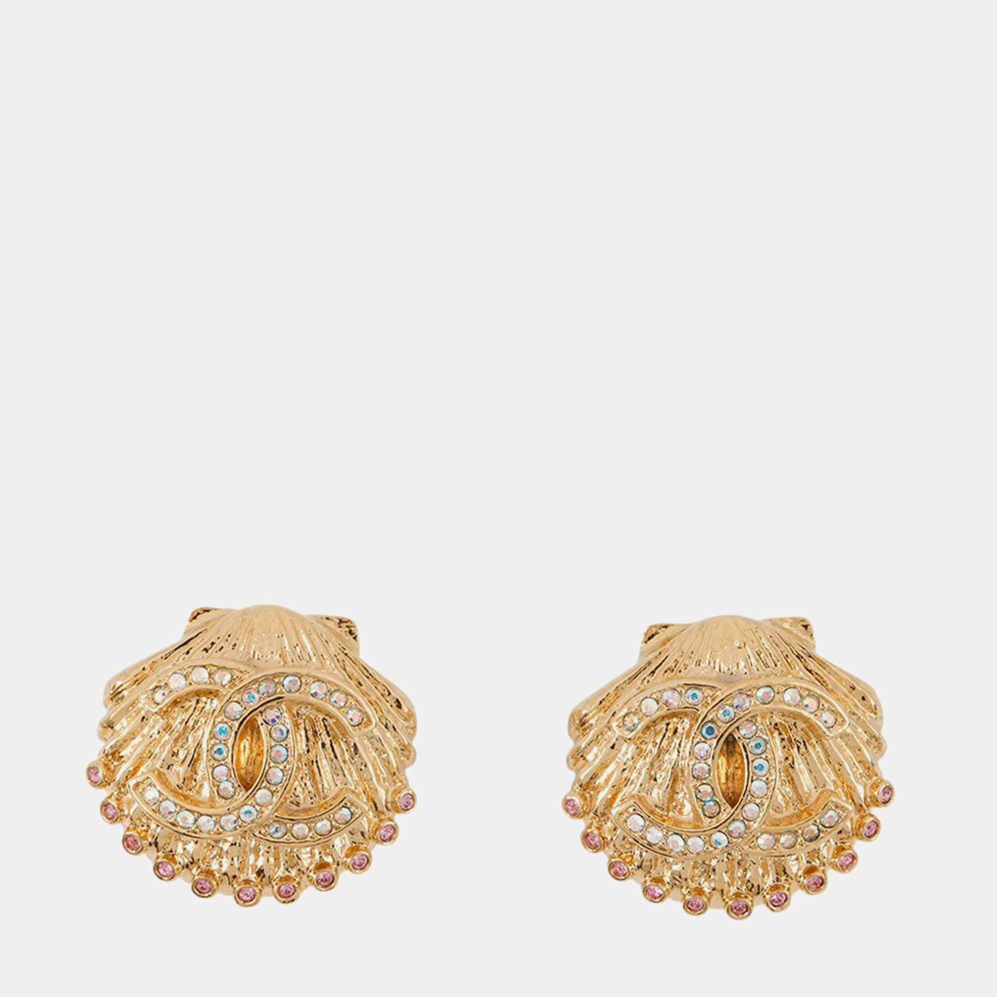Pre Owned Chanel Earring Gold Gold Plated Rhinestone