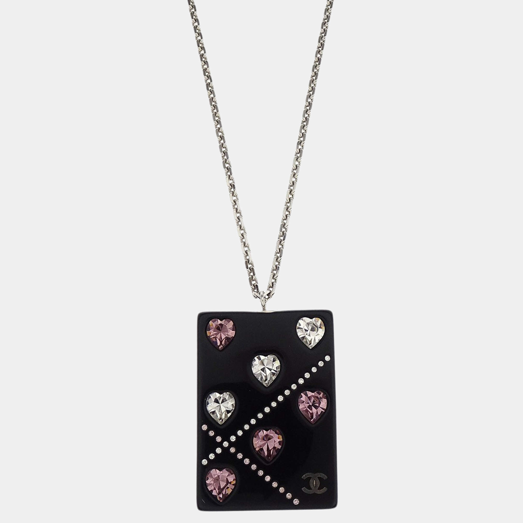 Pre Owned Chanel Silver Acrylic Rectangle Pendant Necklace Rhinestone