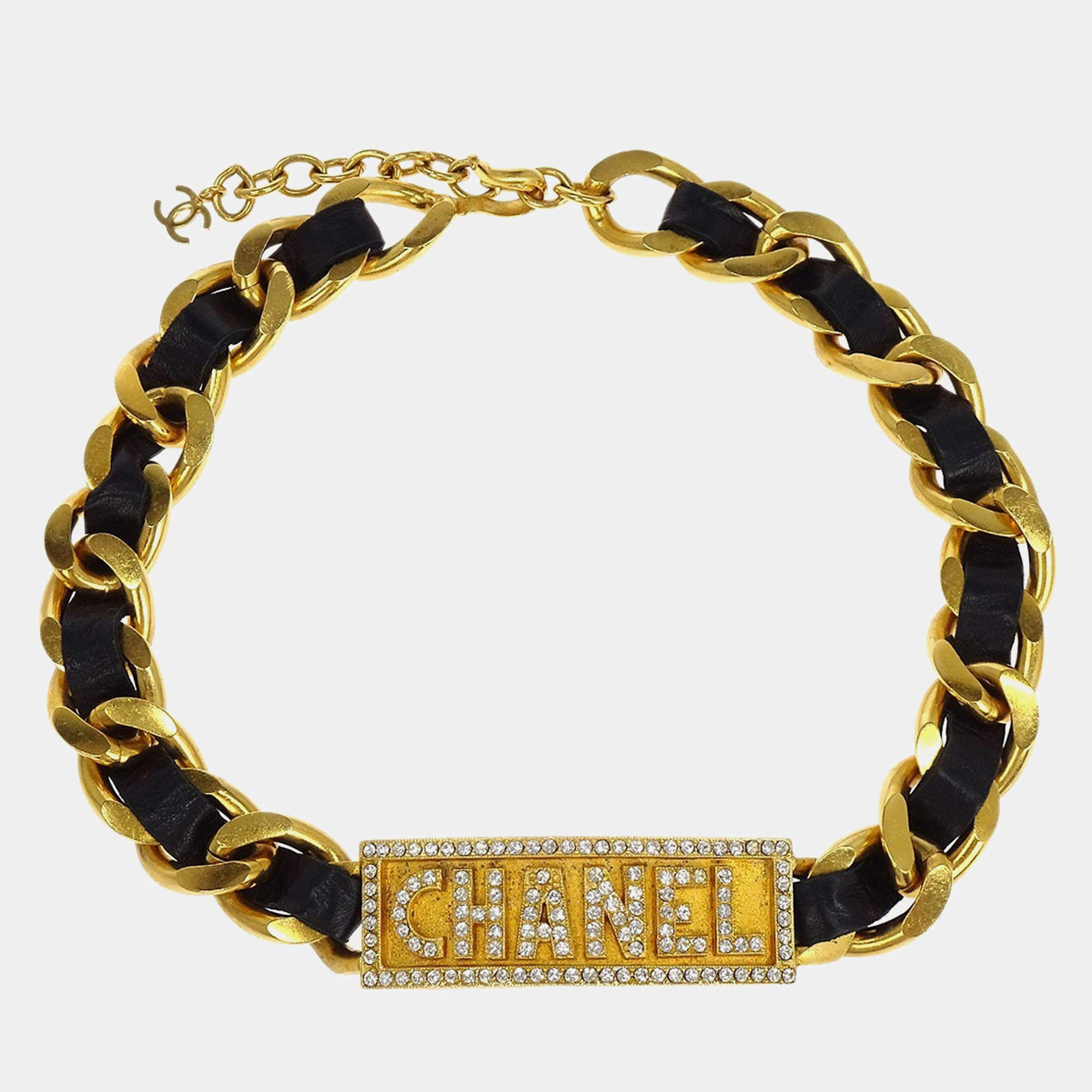 Pre Owned Chanel Gold Black Leather Rhinestone Choker Necklace