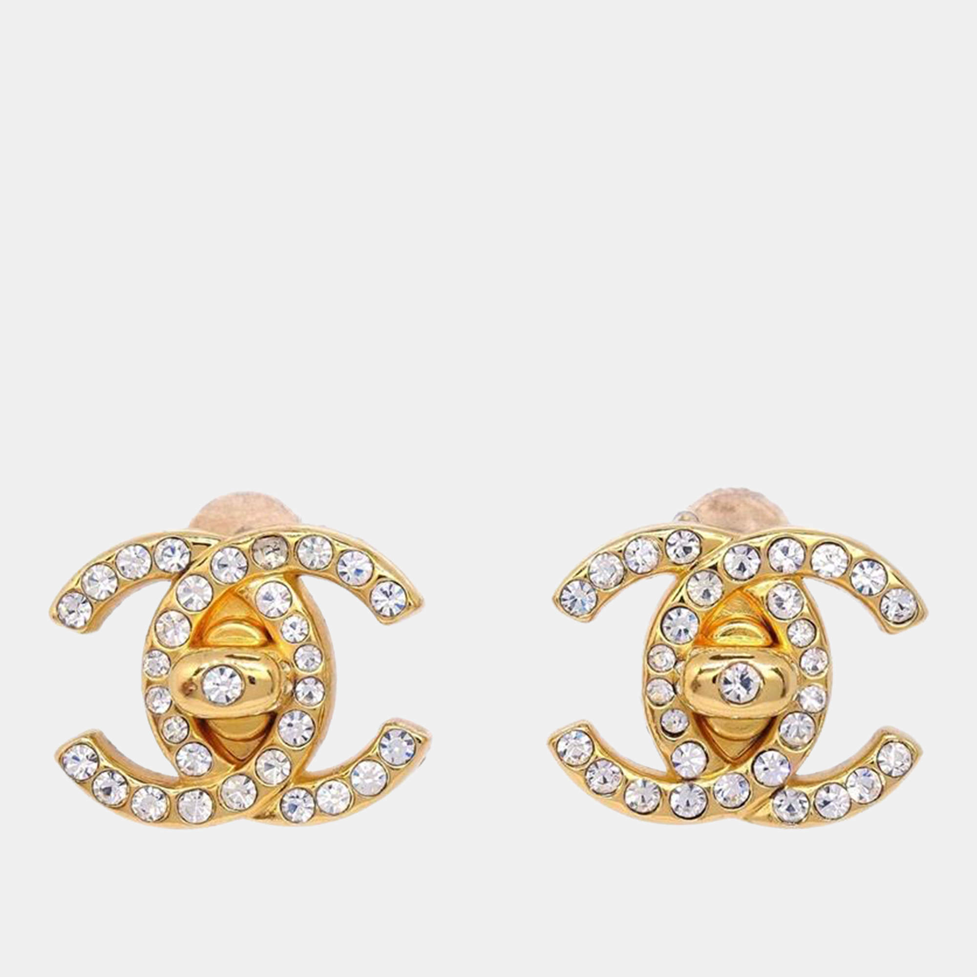 Pre Owned Chanel CC Turnlock Rhinestone Earrings Clip-On Gold Small