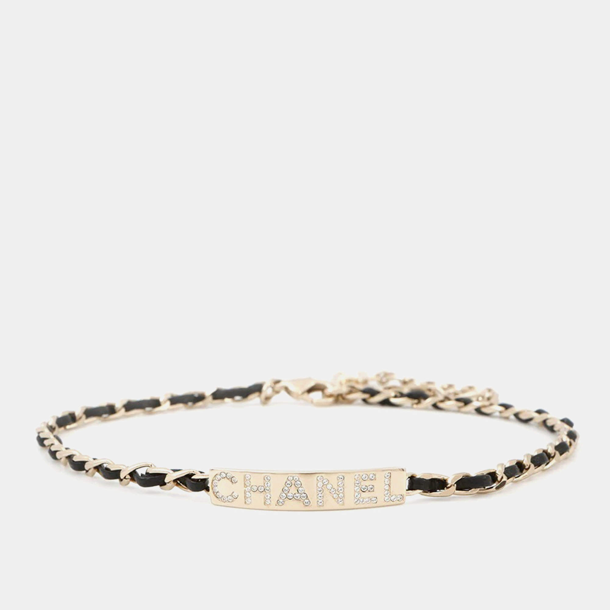 Pre Owned Chanel With Logo Black Gold Plated Leather Chain Choker