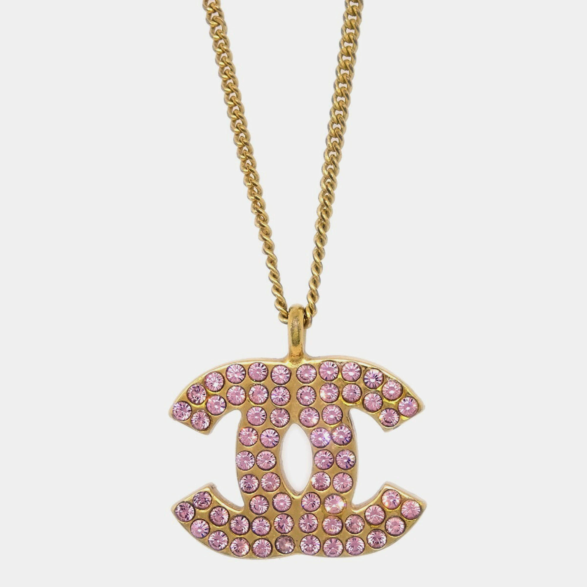Pre Owned Chanel CC Chain Pendant Necklace Rhinestone Gold 02P