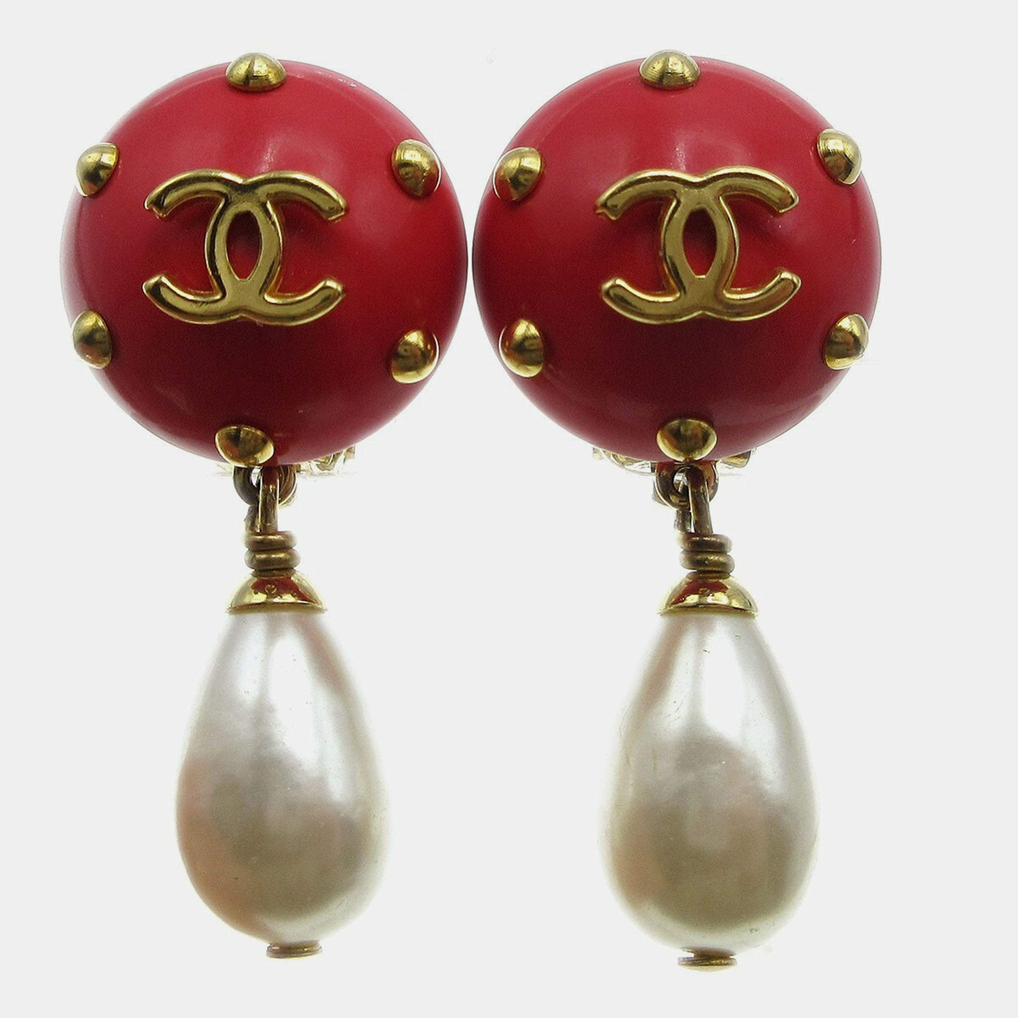 Pre Owned Chanel Artificial Pearl Dangle Earrings Clip-On Red 96C