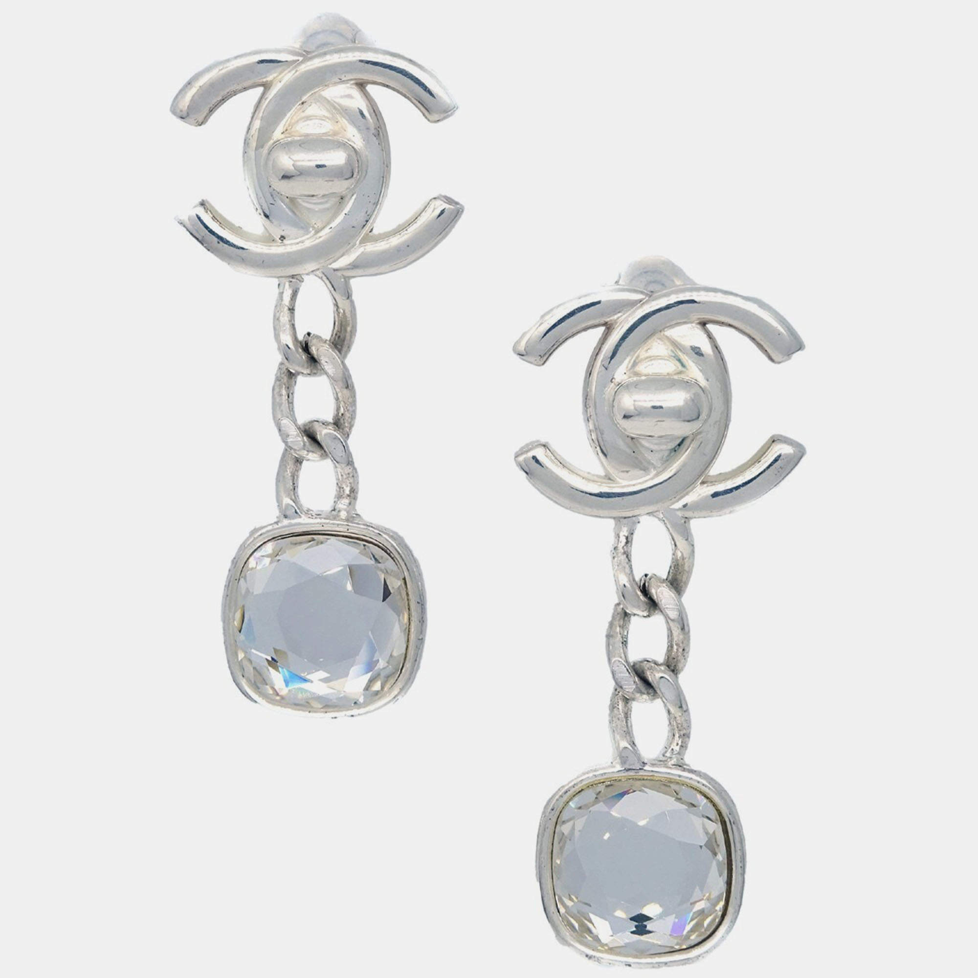 Pre Owned Chanel Dangle Turnlock Earrings Clip-On Silver Rhinestone 97A
