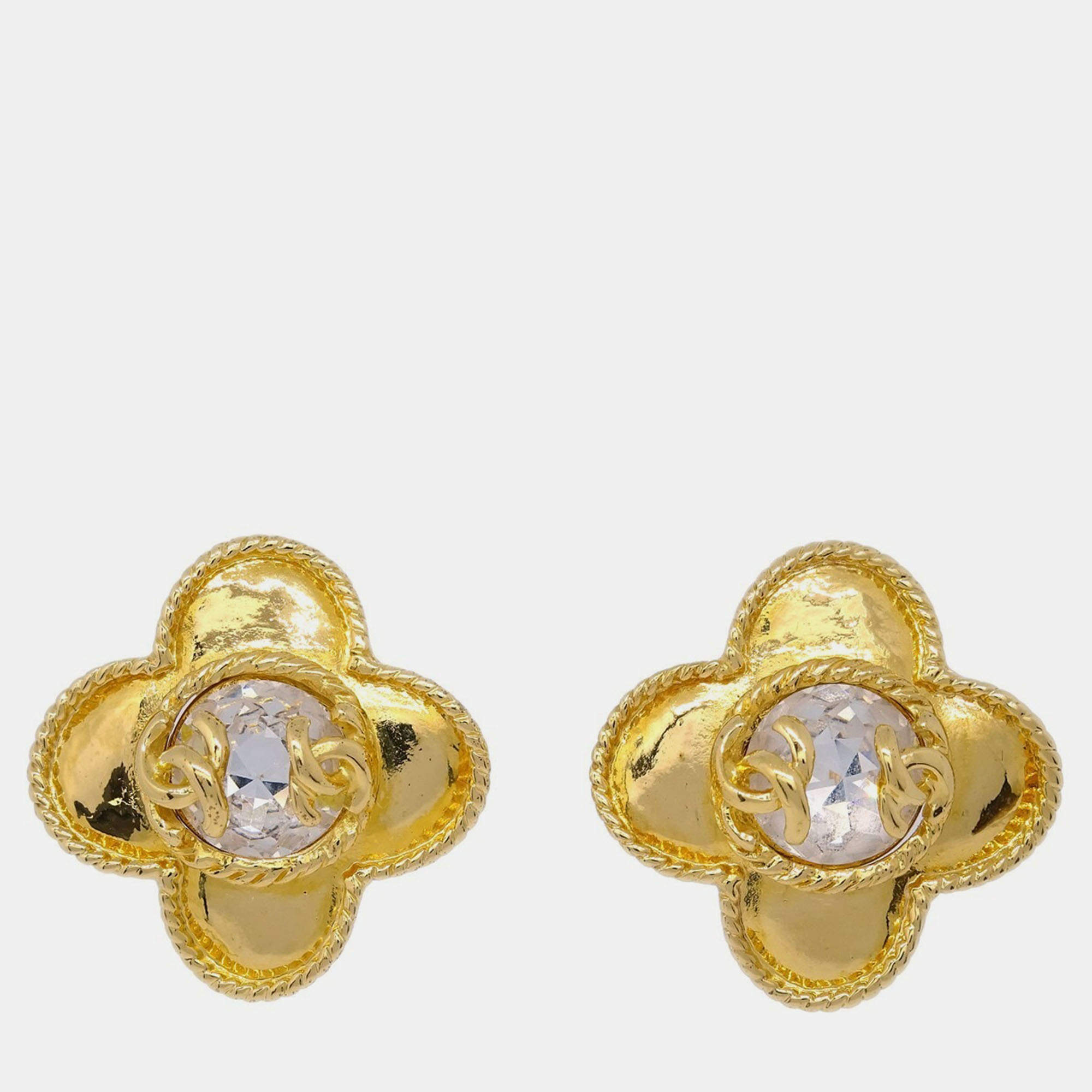 Pre Owned Chanel Cross Earrings Clip-On Rhinestone Gold 95A