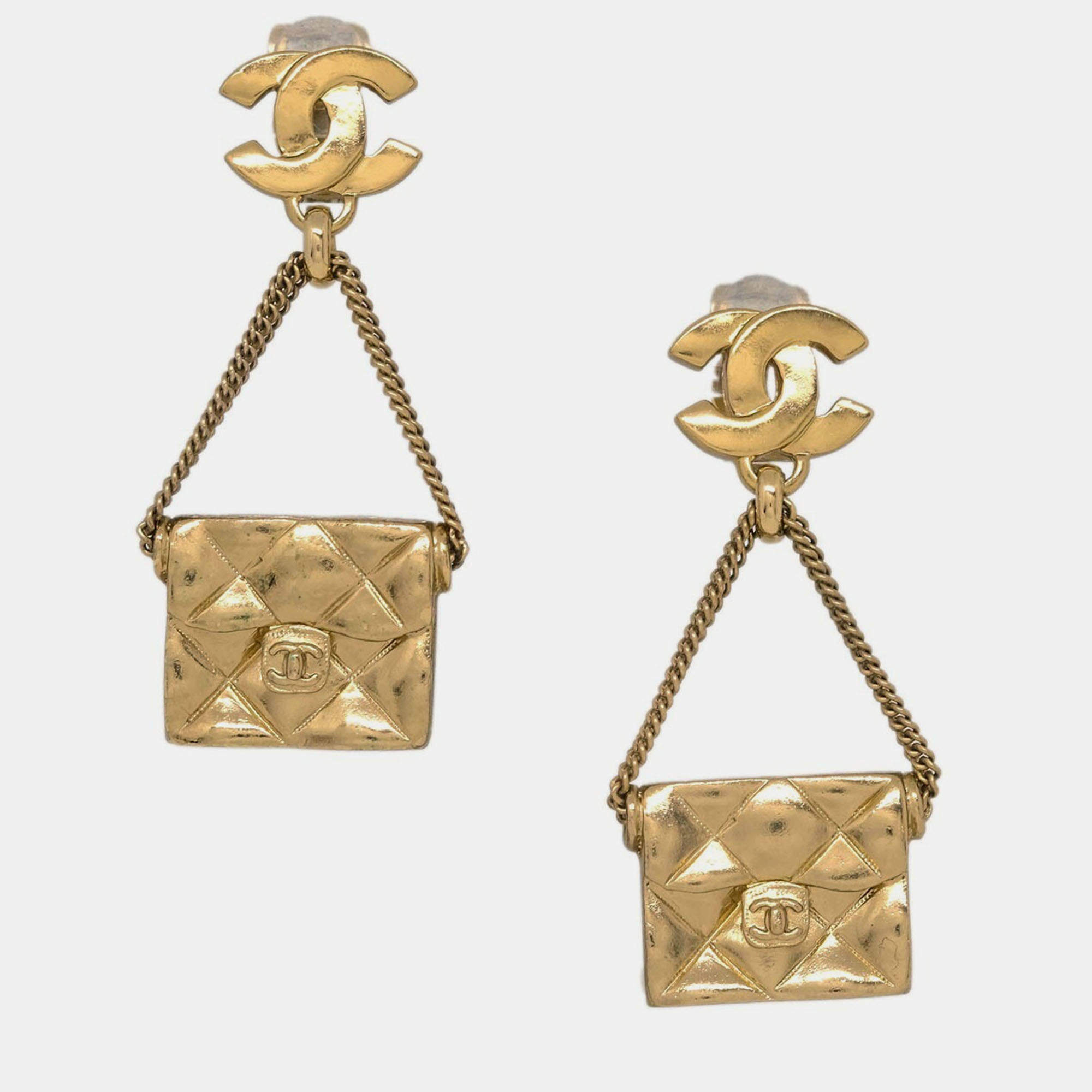 Pre Owned Chanel Dangle Earrings Handbag Clip-On Gold 02P