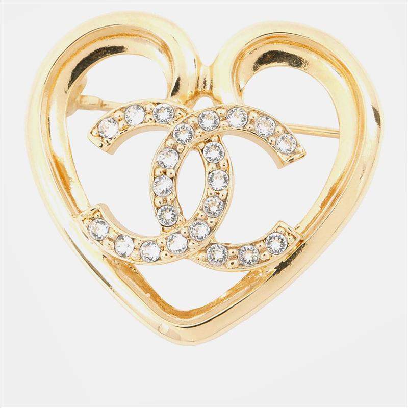 Pre Owned Chanel CC Logo Heart Brooch Gold Metal Rhinestone