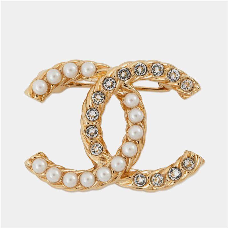 Pre Owned Chanel Cc Logo Brooch Gold Metal Rhinestone Faux Pearl