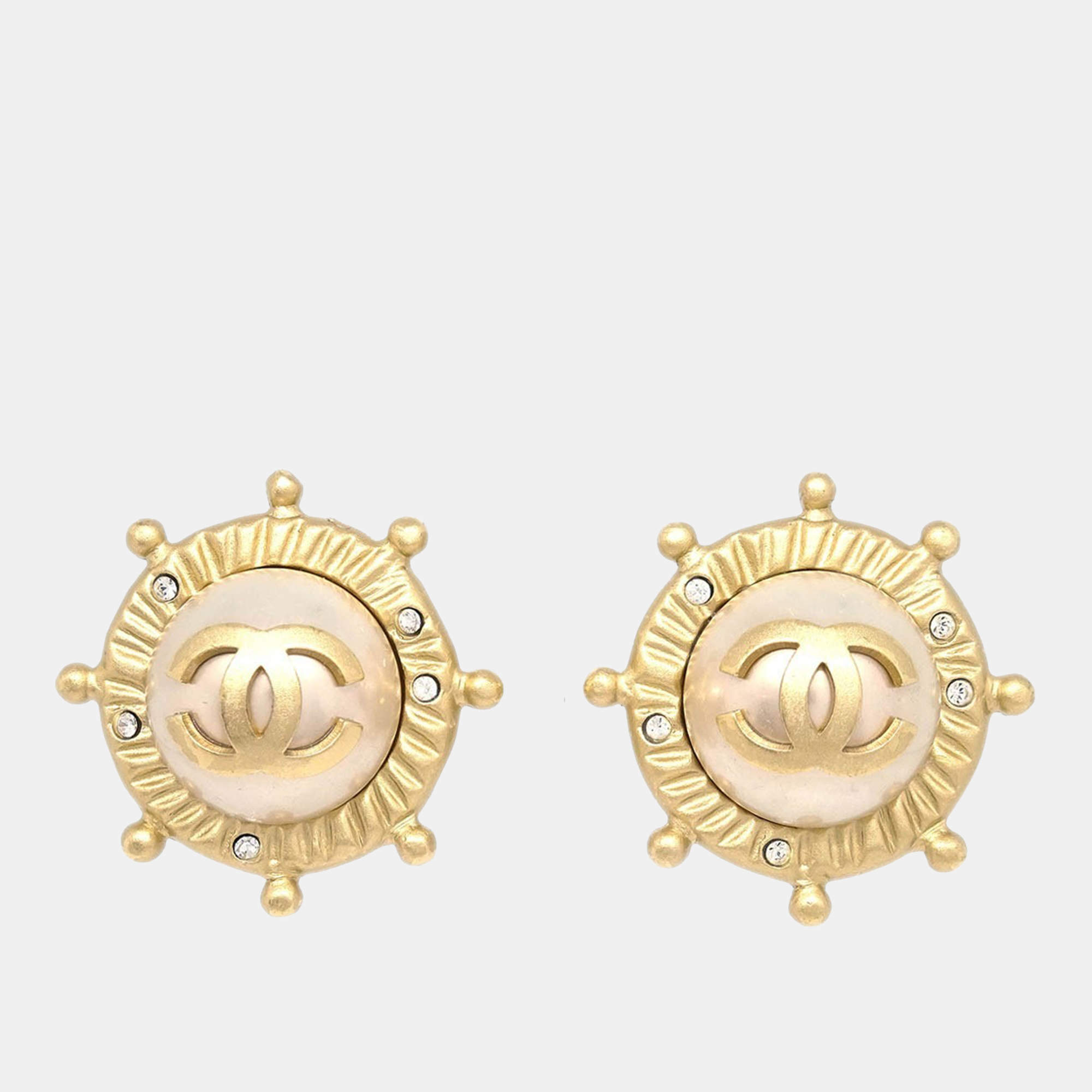 Pre Owned Chanel Gold Button Earrings Clip-On Rhinestone Artificial Pearl