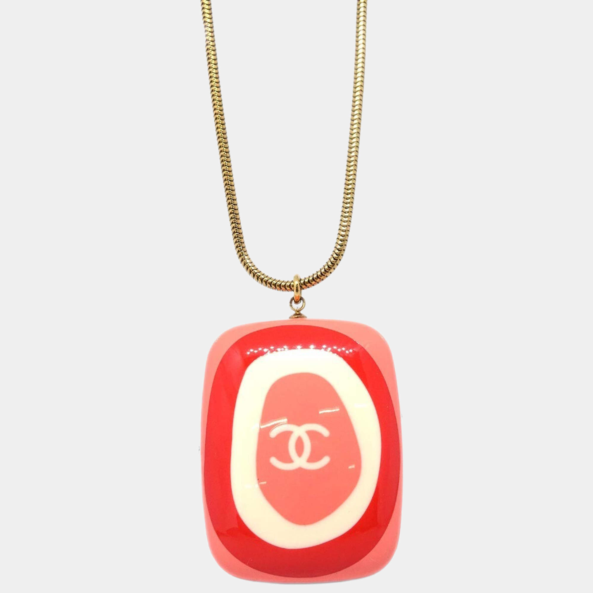 Pre Owned Chanel Gold Pink Acrylic Pendant Necklace