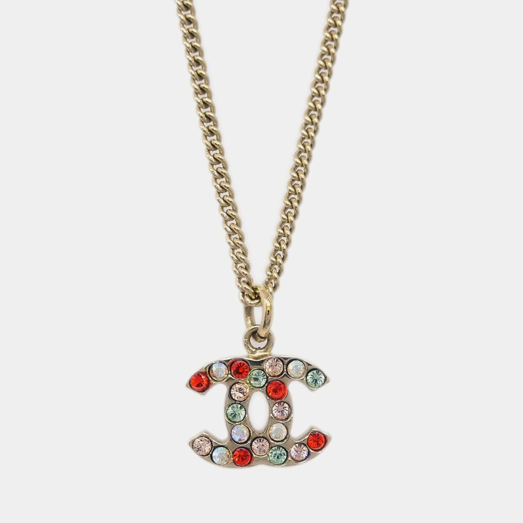 Pre Owned Chanel Gold Mini CC Pendant Necklace Rhinestone