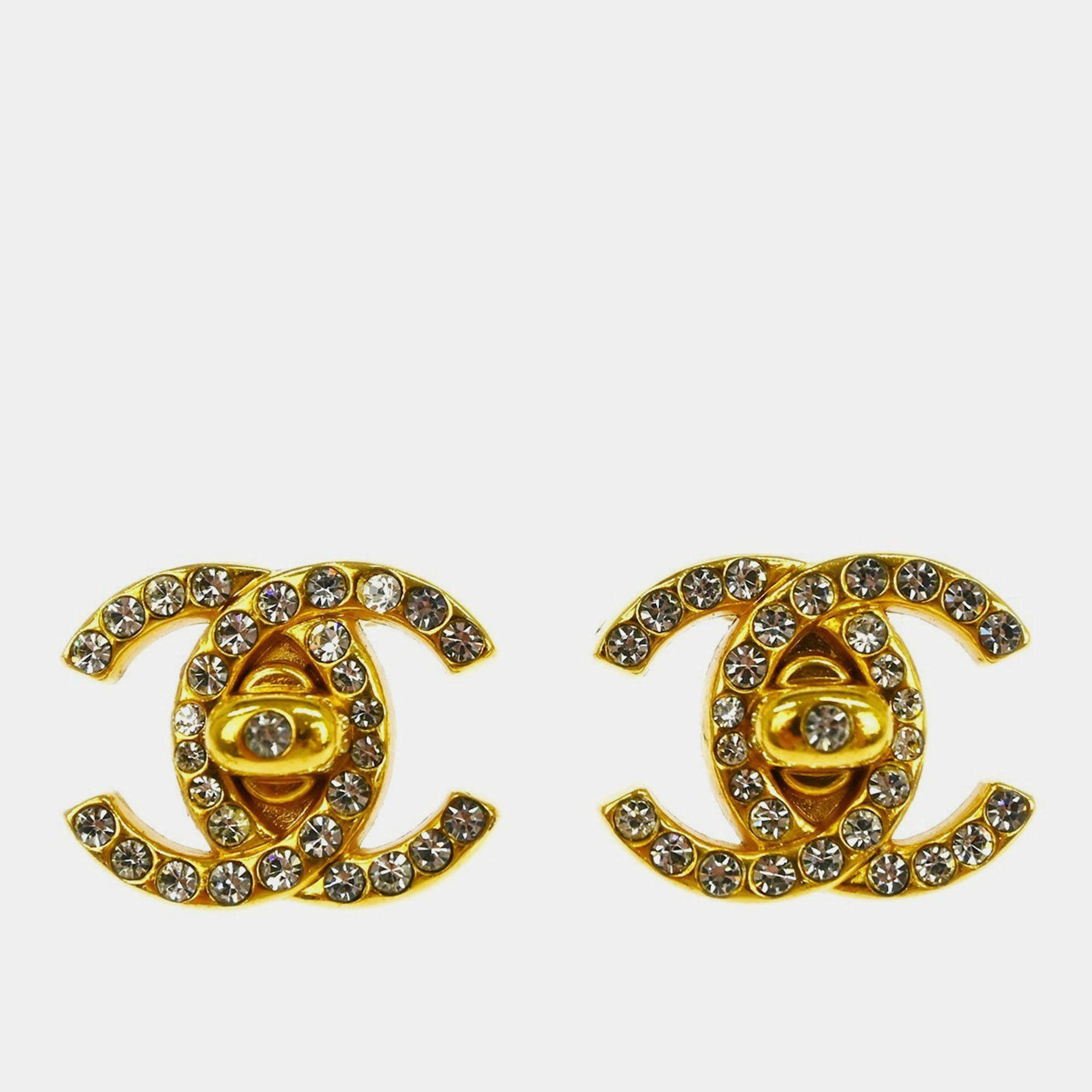 Pre Owned Chanel CC Turnlock Rhinestone Earrings Clip-On Gold Small