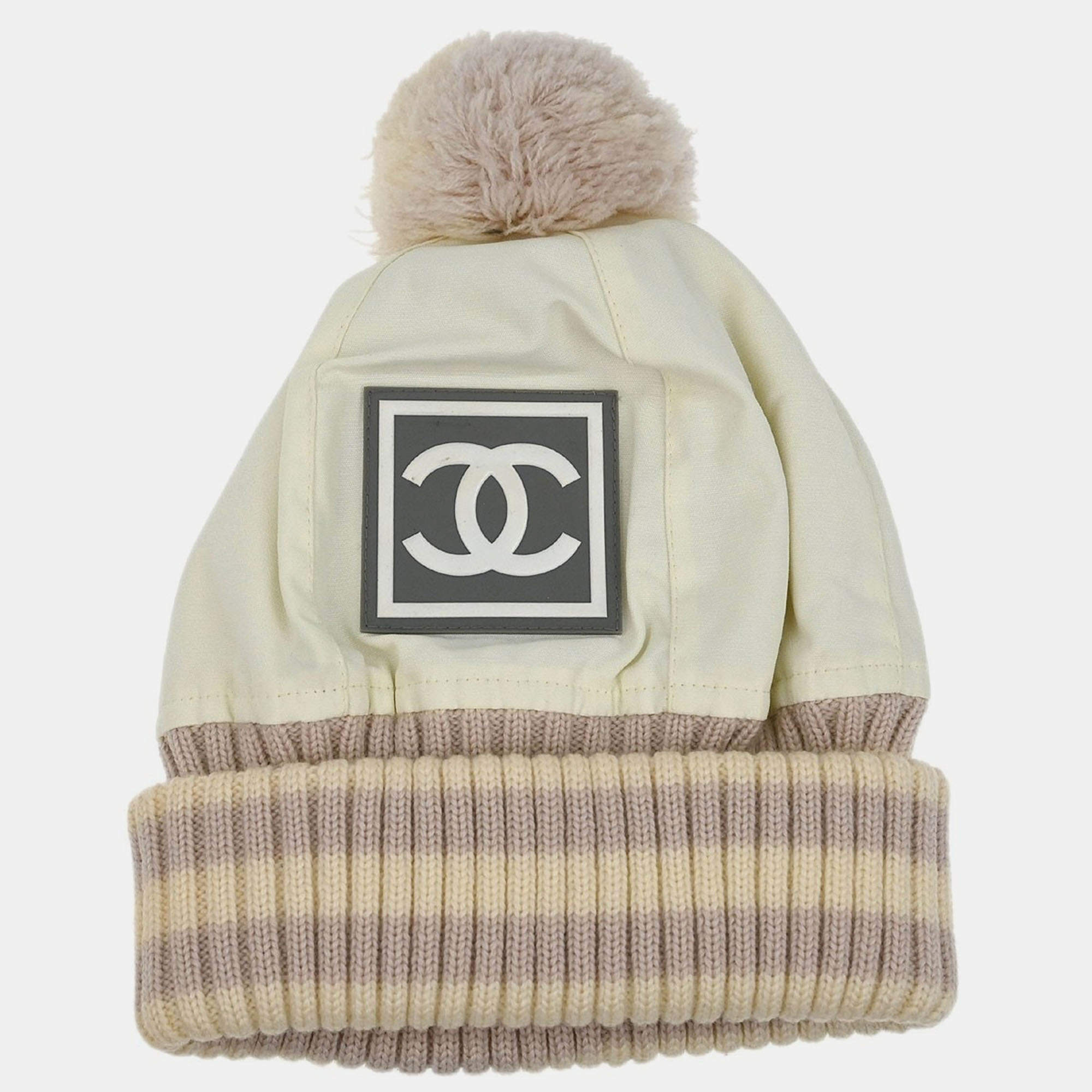Pre Owned Chanel White Sport Line Knit Cap Size M