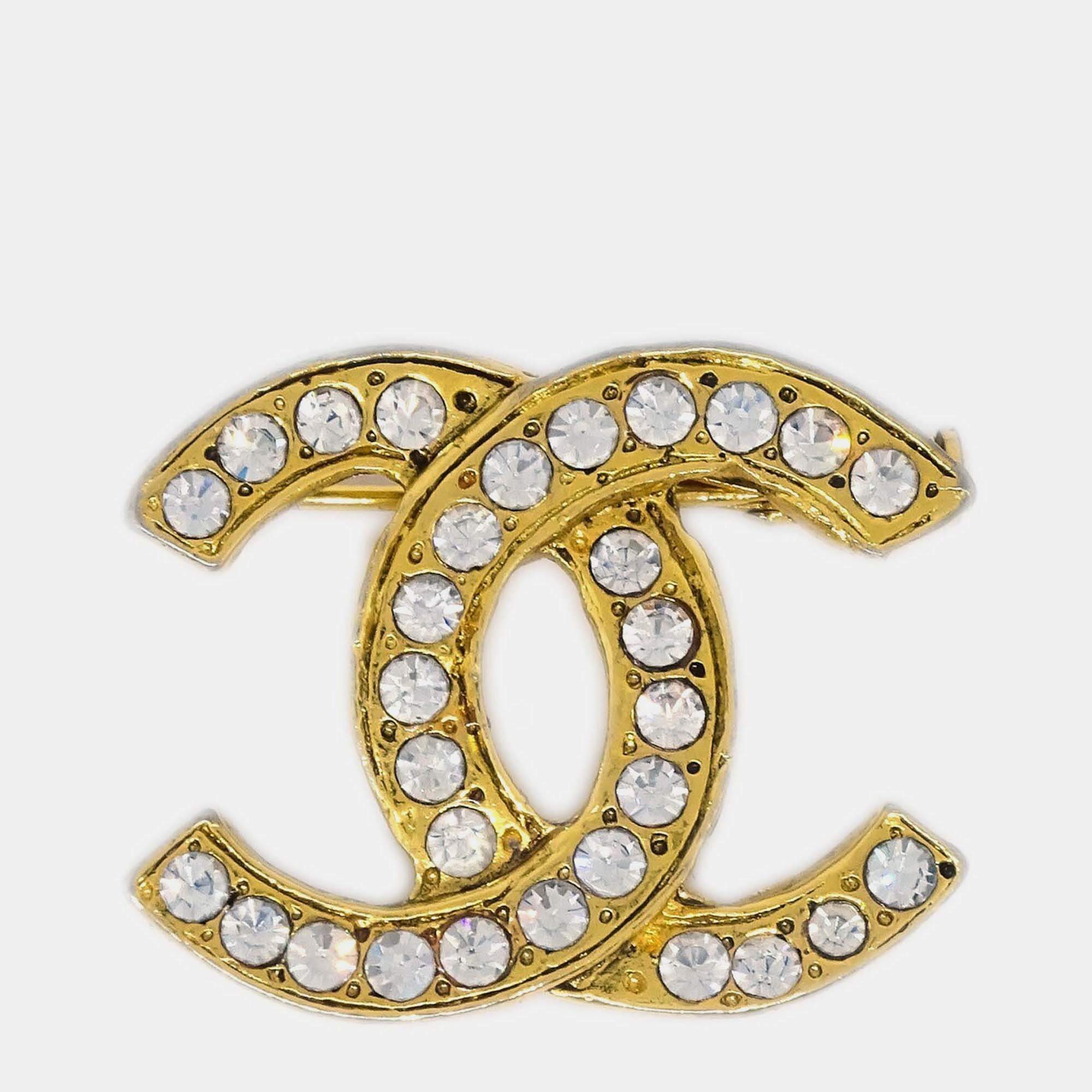 Pre Owned Chanel CC Brooch Pin Rhinestone Gold