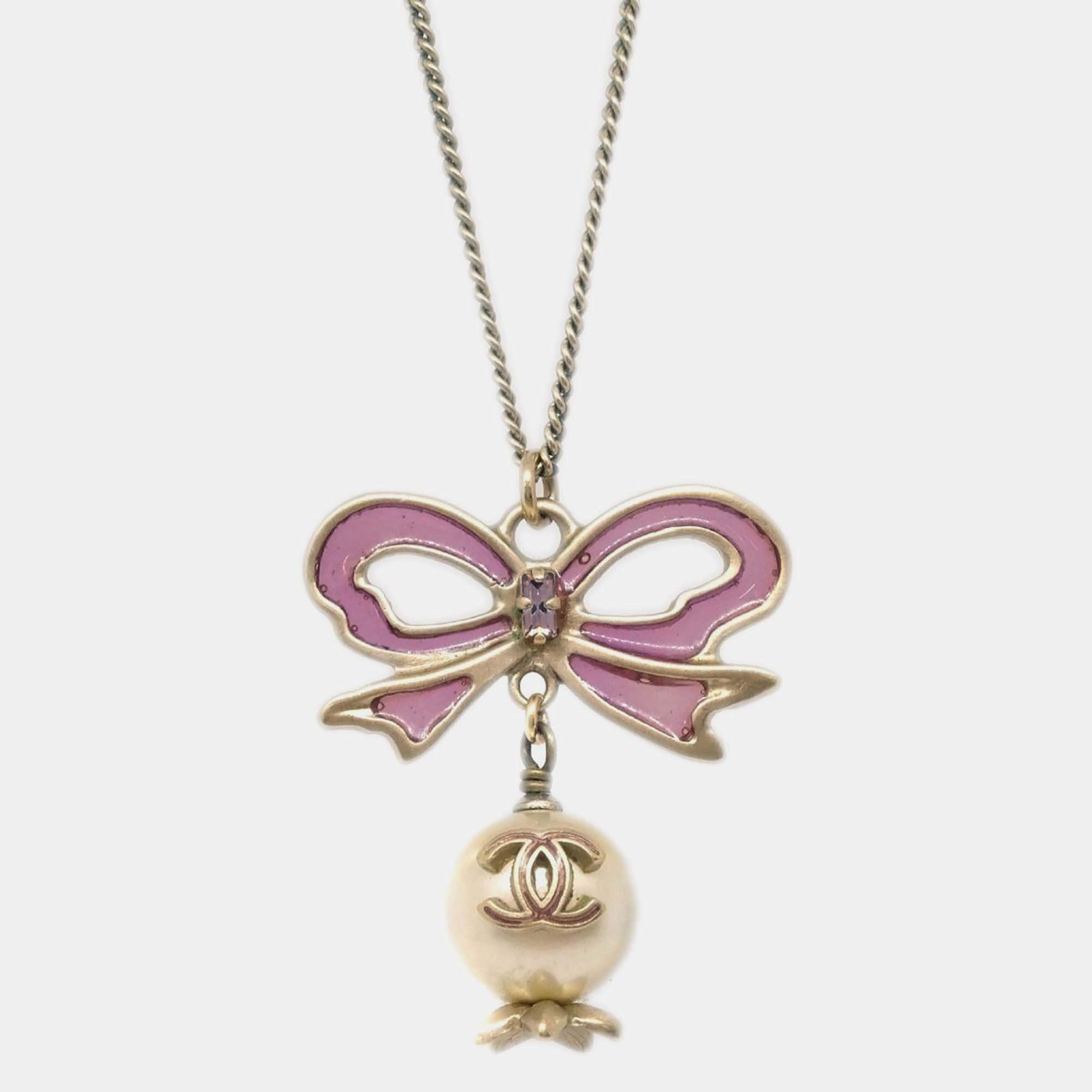 Pre Owned Chanel Chain Pendant Necklace Artificial Pearl Bow Gold