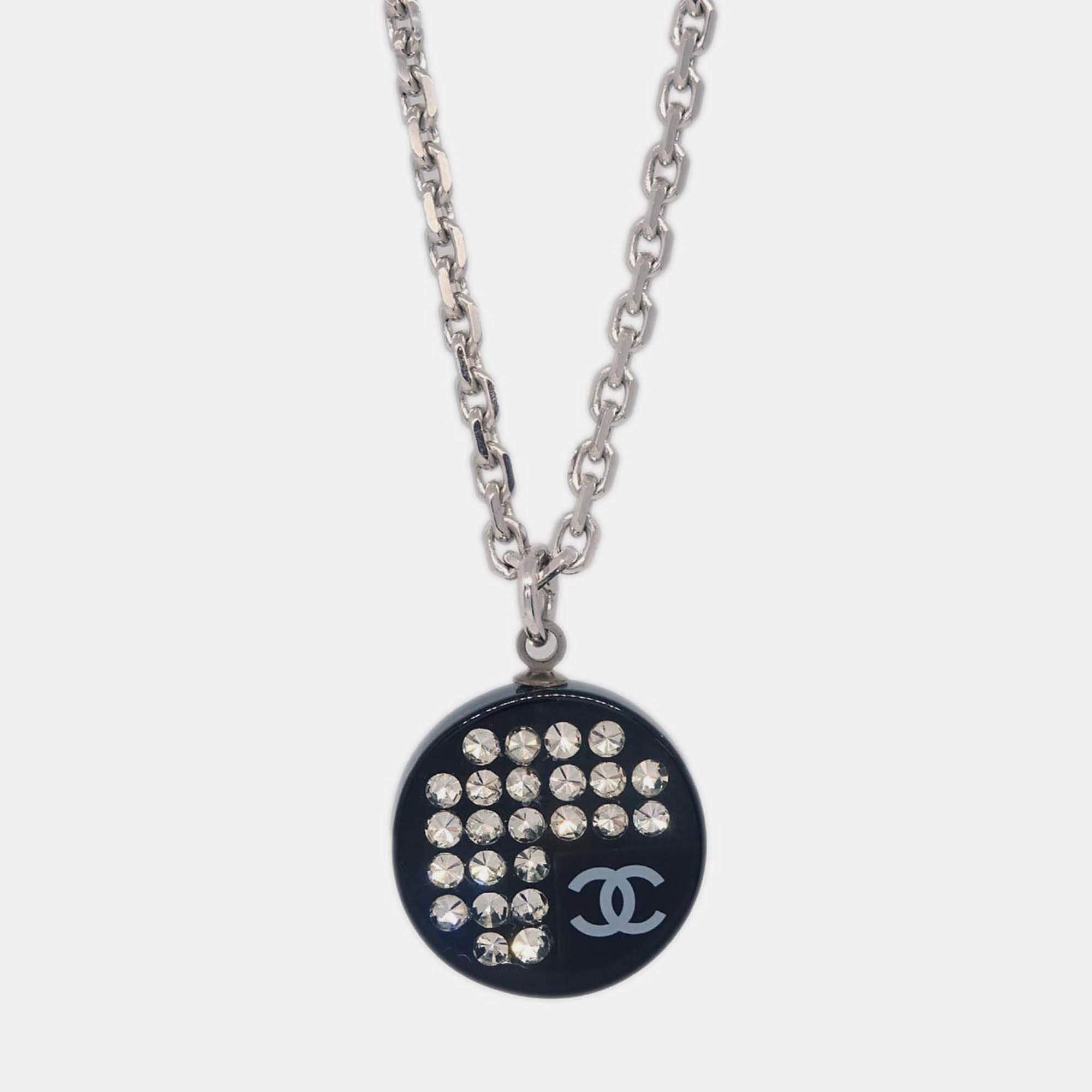 Pre Owned Chanel Medallion Pendant Necklace Rhinestone Silver Black