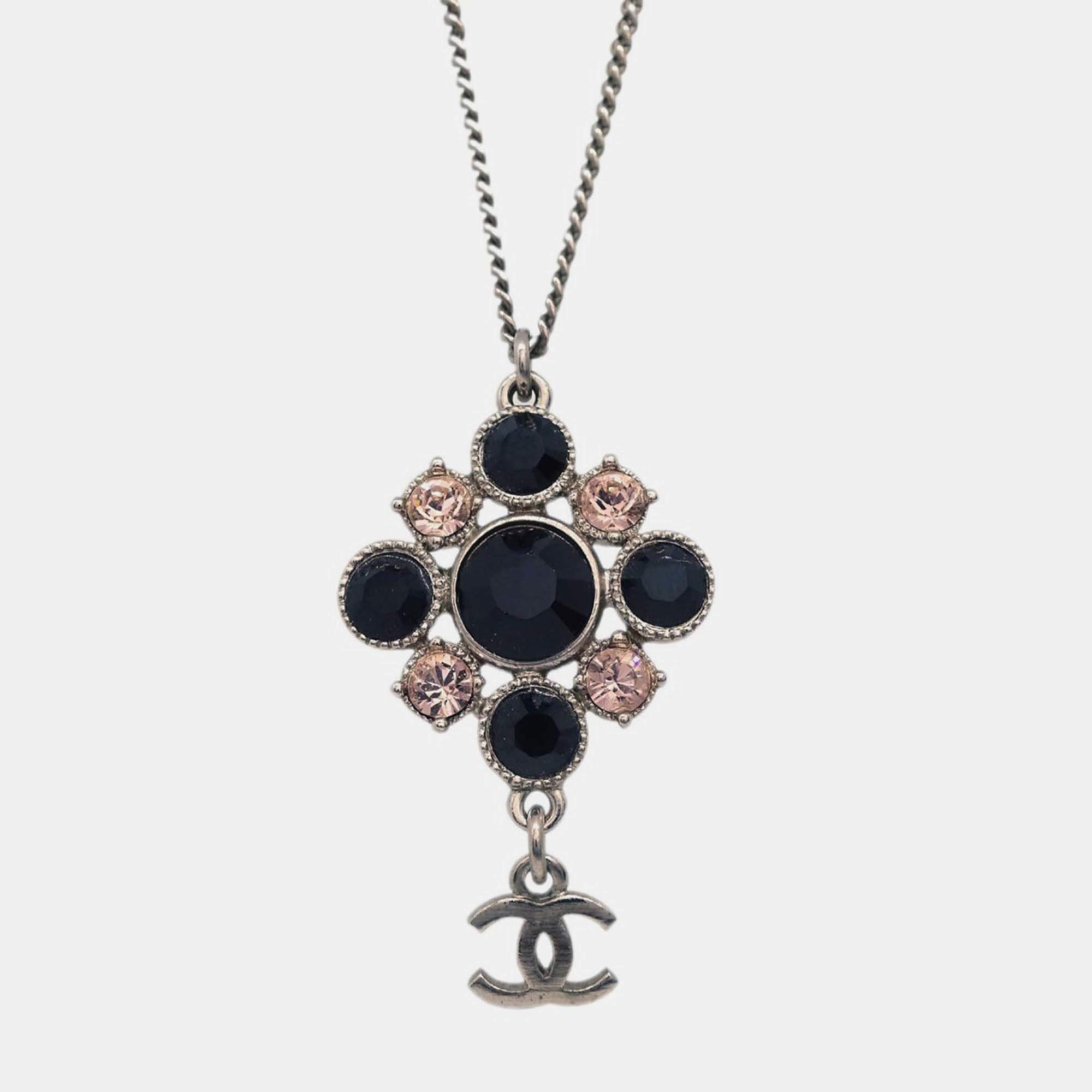 Pre Owned Chanel Necklace Pendant Rhinestone Silver