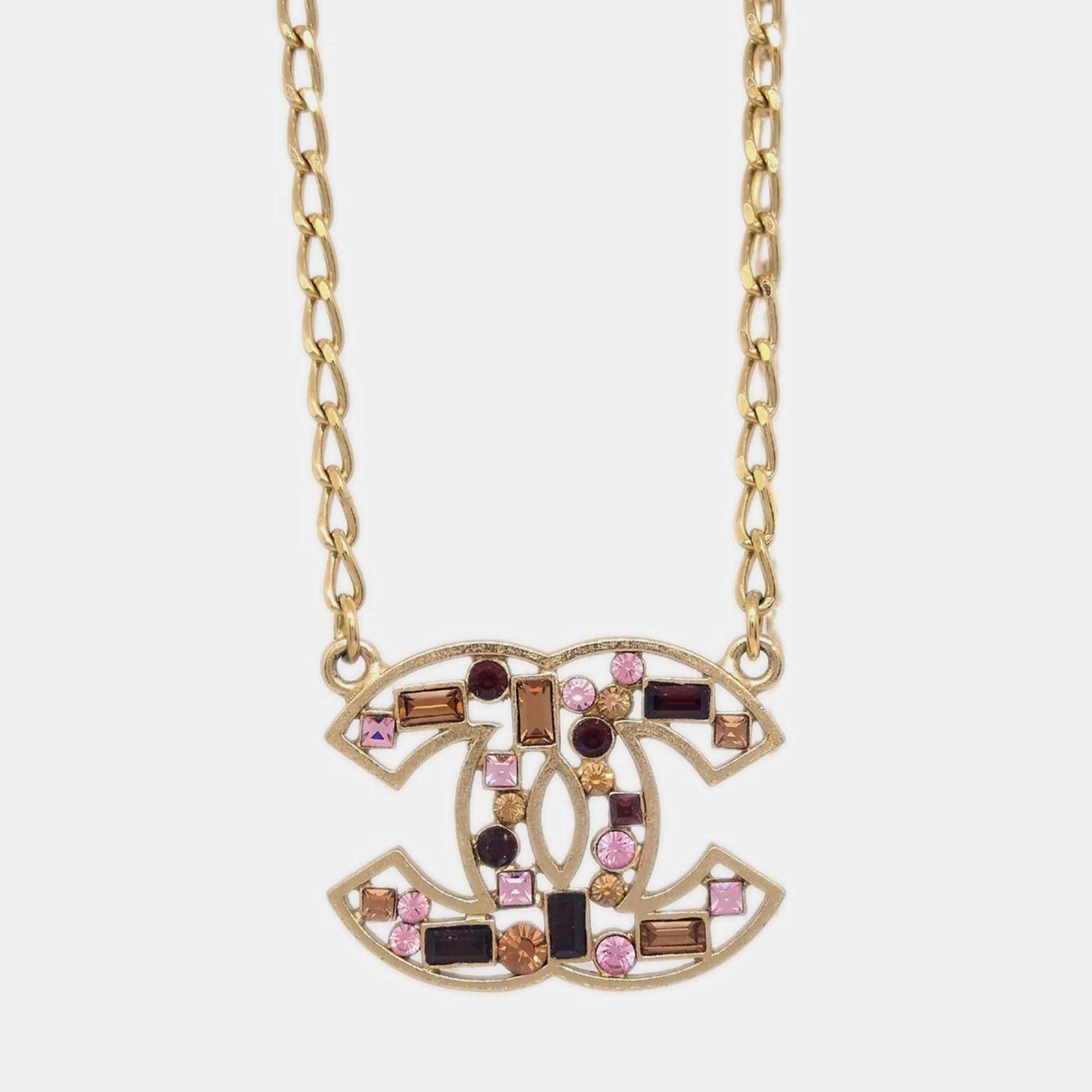 Pre Owned Chanel CC  Rhinestone Gold Plated Chain Pendant Necklace