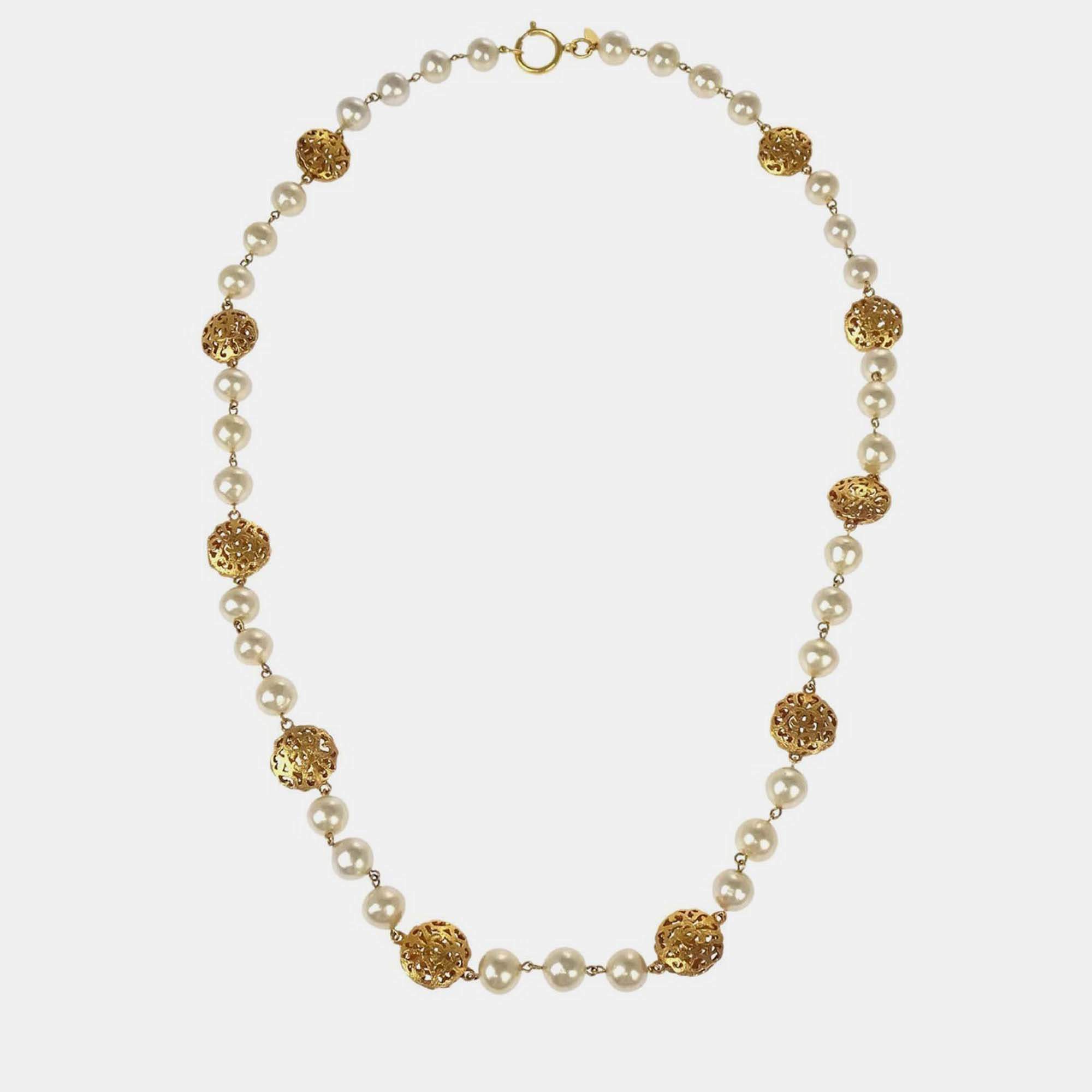 Pre Owned Chanel Artificial Pearl Chain Necklace Gold